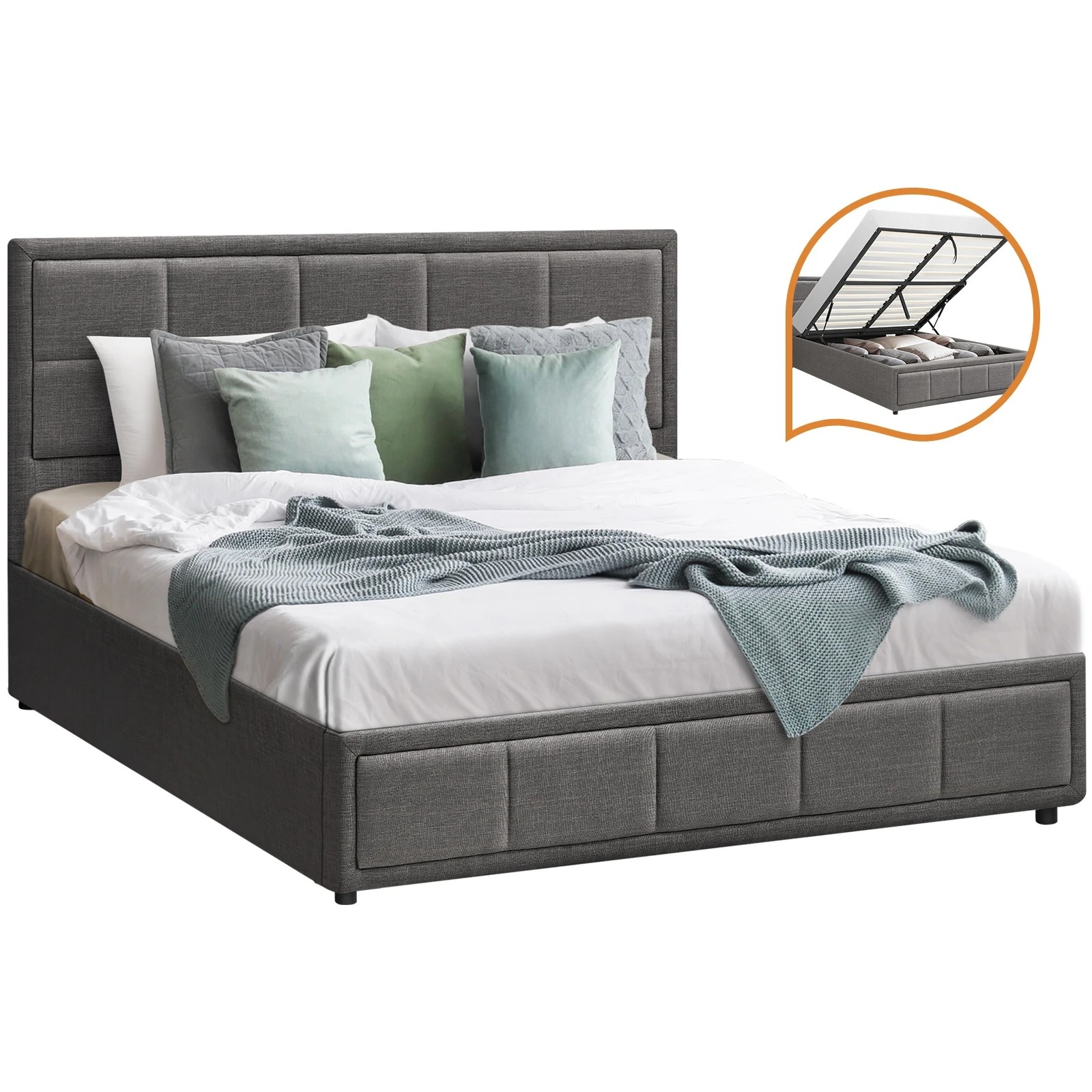 1 Oikiture Queen Bed Frame Gas Lift Storage Base
 - Grey, 1 of 10