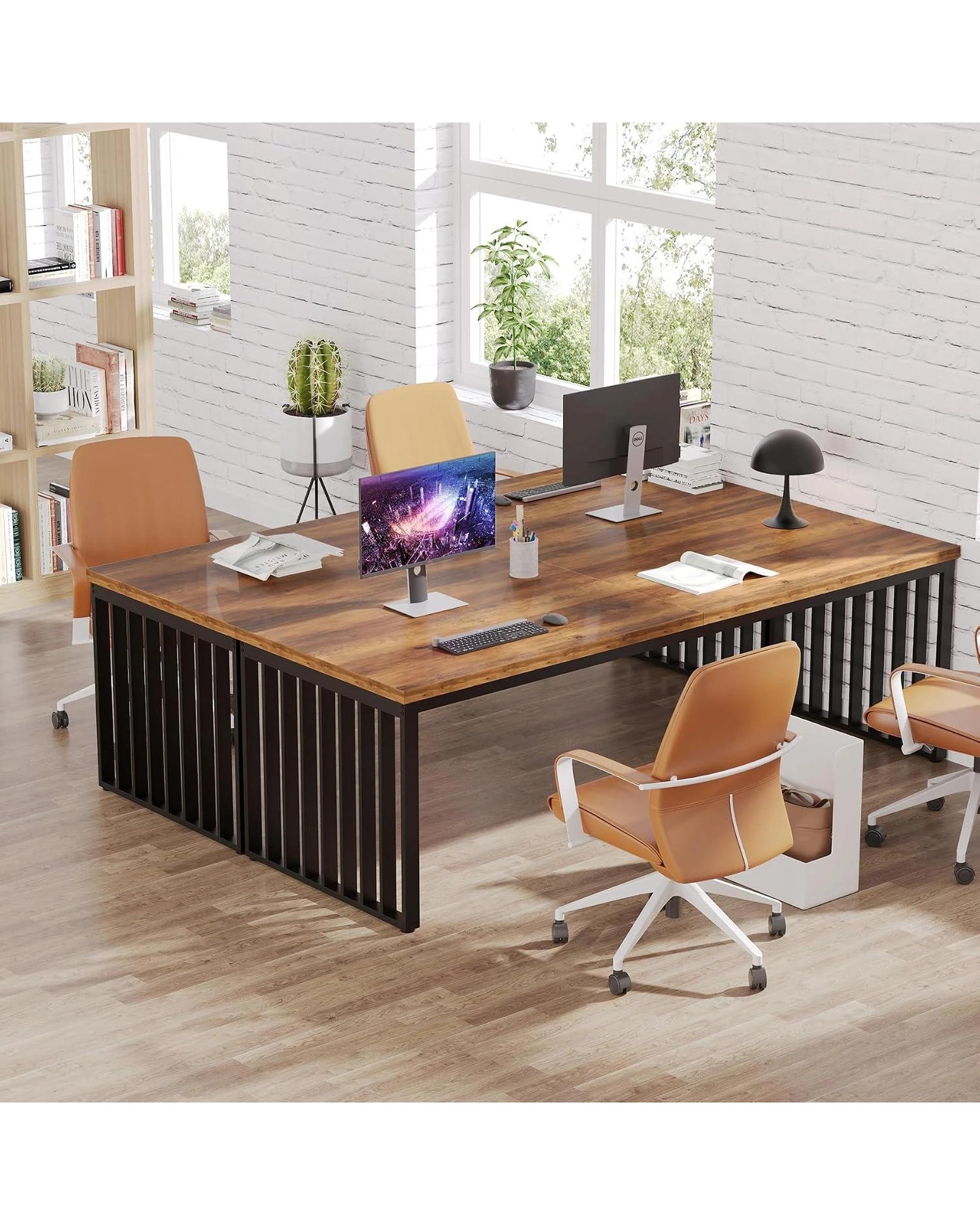 OAKORY 180cm Office Desk, Two Person Computer Workstation Metal Frame ...