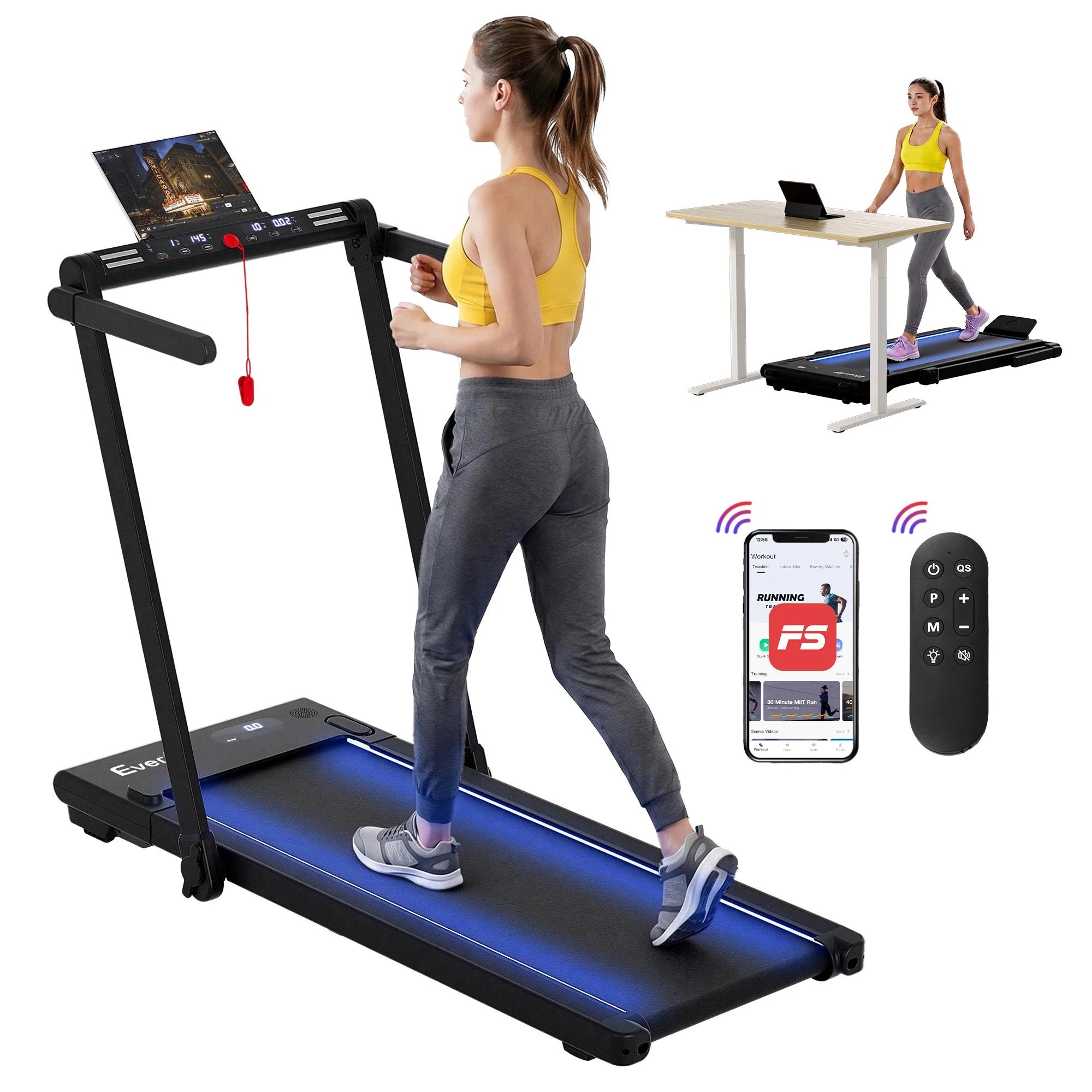 1 Everfit 3 in 1 Walking Pad Treadmill Foldable Under Desk Treadmills for Home Gym With Led Lights - Black, 1 of 3