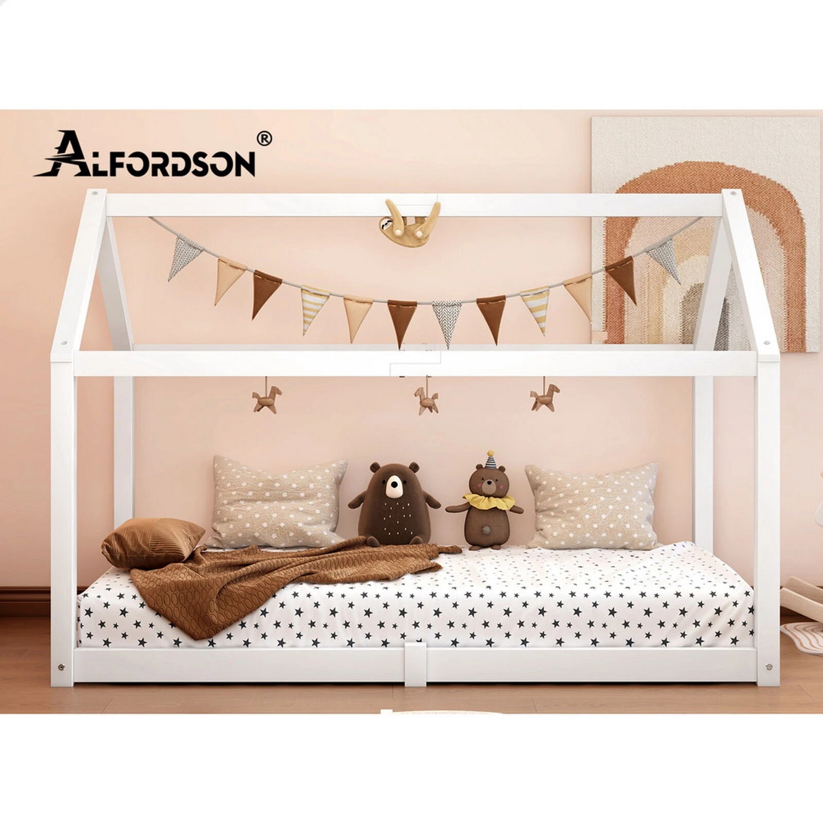 8 Alfordson Kids Bed Frame Wooden Timber Single House Frame Platform Rocco - White, 8 of 10