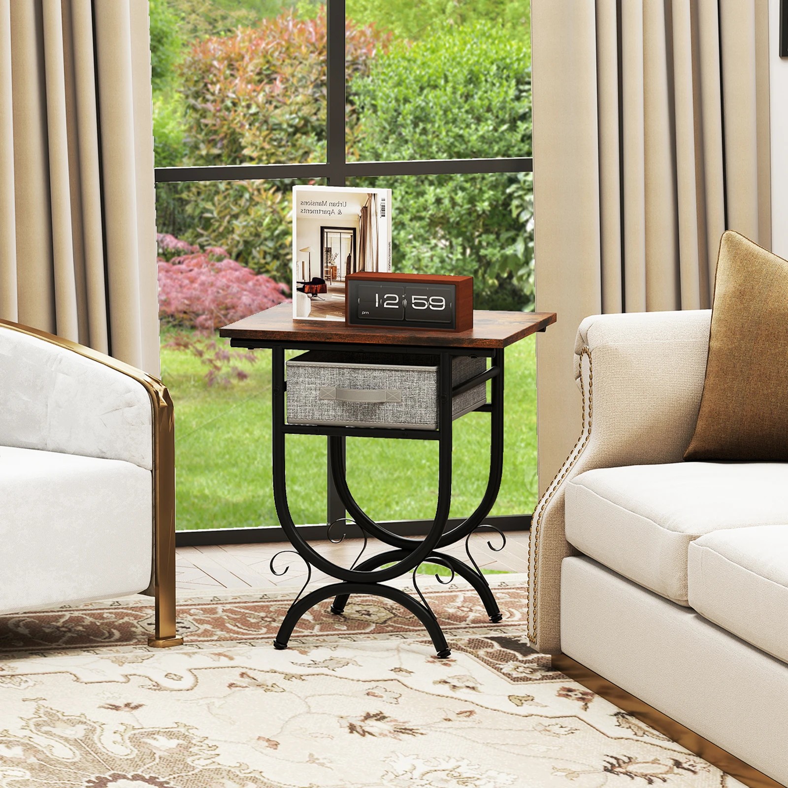 3 Costway Couch Side Table w/Fabric Drawer & Carved Metal Frame Compact Bedside End Table, 3 of 4