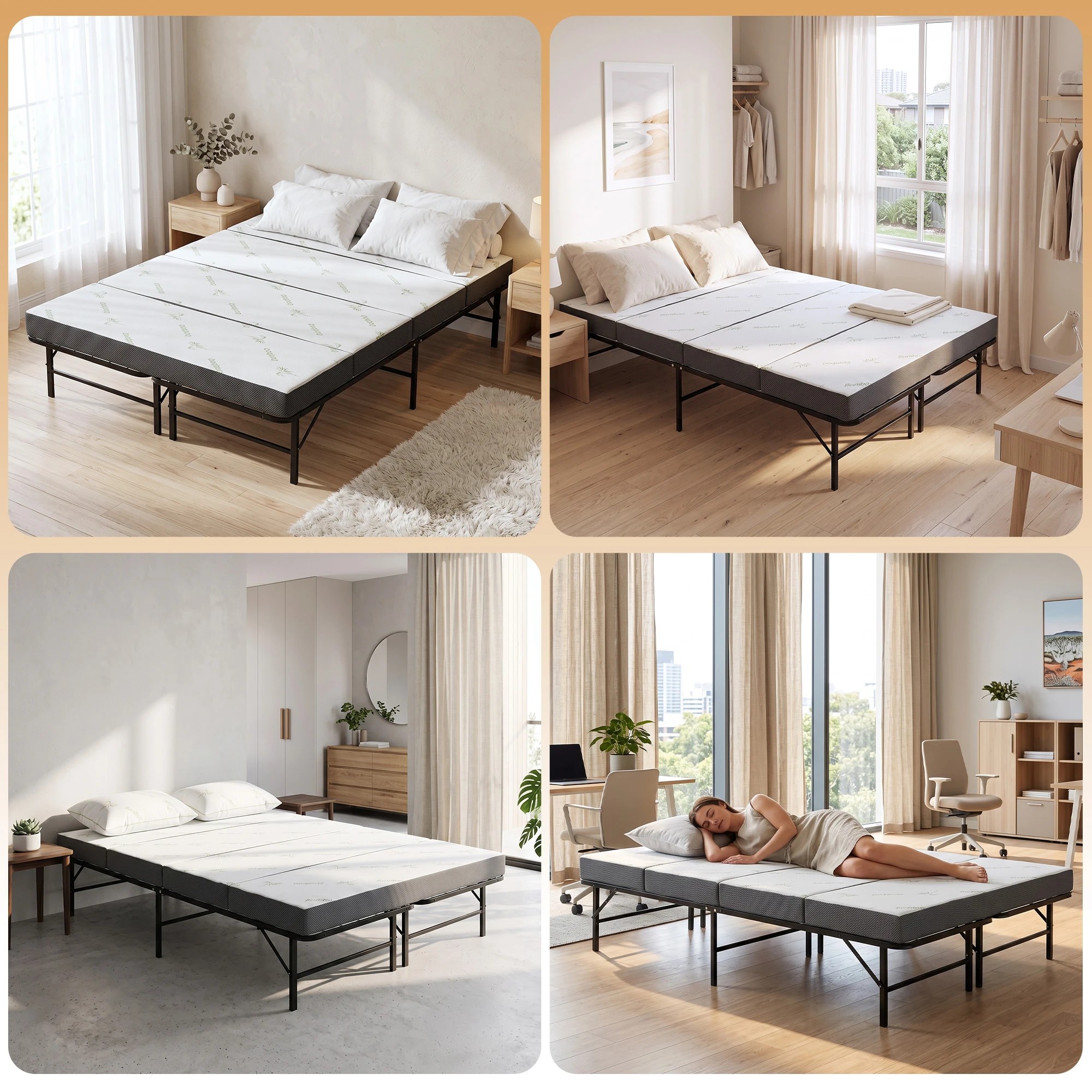 7 Giselle Bedding Folding Bed with Mattress 4 Fold Metal Frame Guest Bed Bamboo Cover - Double Bed - Black, 7 of 9