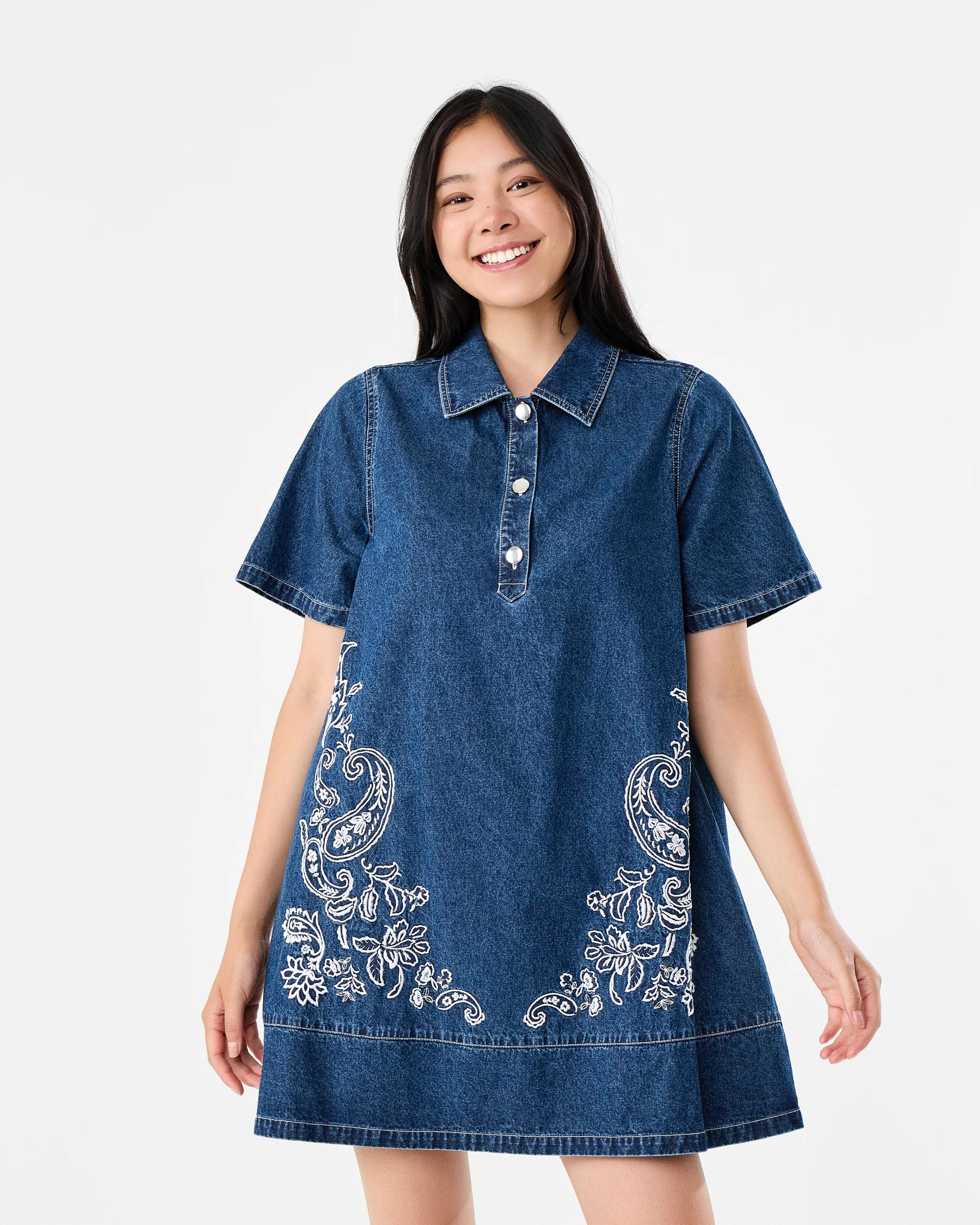 1 Short Sleeve Embroidered Denim Shirt Mini Dress Dark Wash, 1 of 8