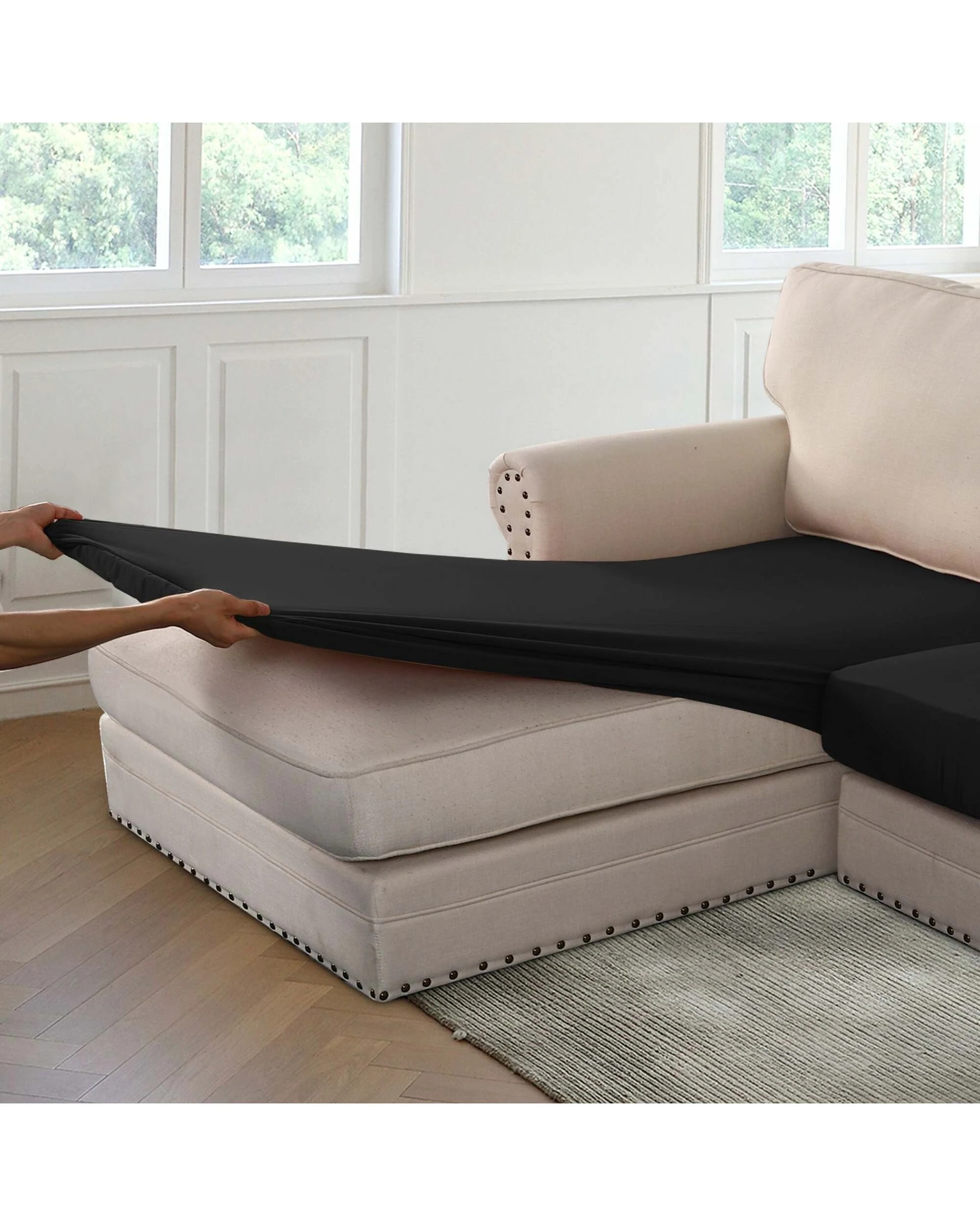 2 Smarcute 4 Pieces Sectional Sofa Couch L-Shape Lounge Cushion Seat Cover - Black, 2 of 6