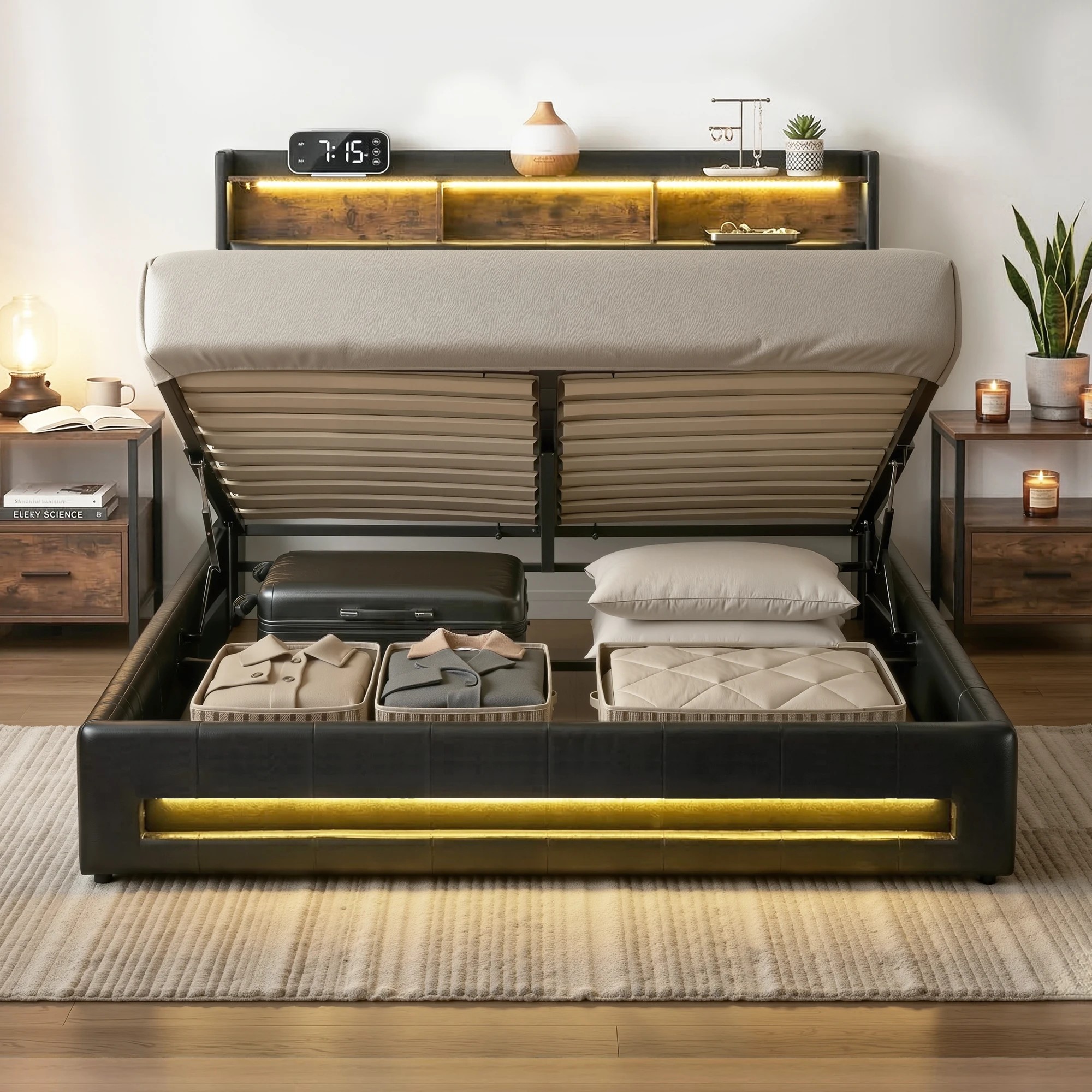 6 Artiss Queen Bed Frame Gas Lift Storage LED Lights Charging Station with Open Shelf - Black, 6 of 10