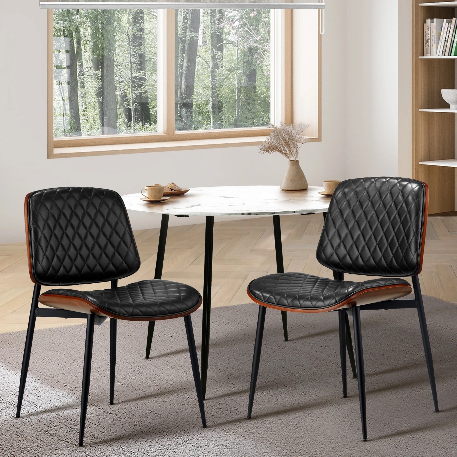 2 Oikiture 2x Dining Chairs Retro Faux Leather Solid Beech Wood Metal Legs
 - Black, 2 of 10