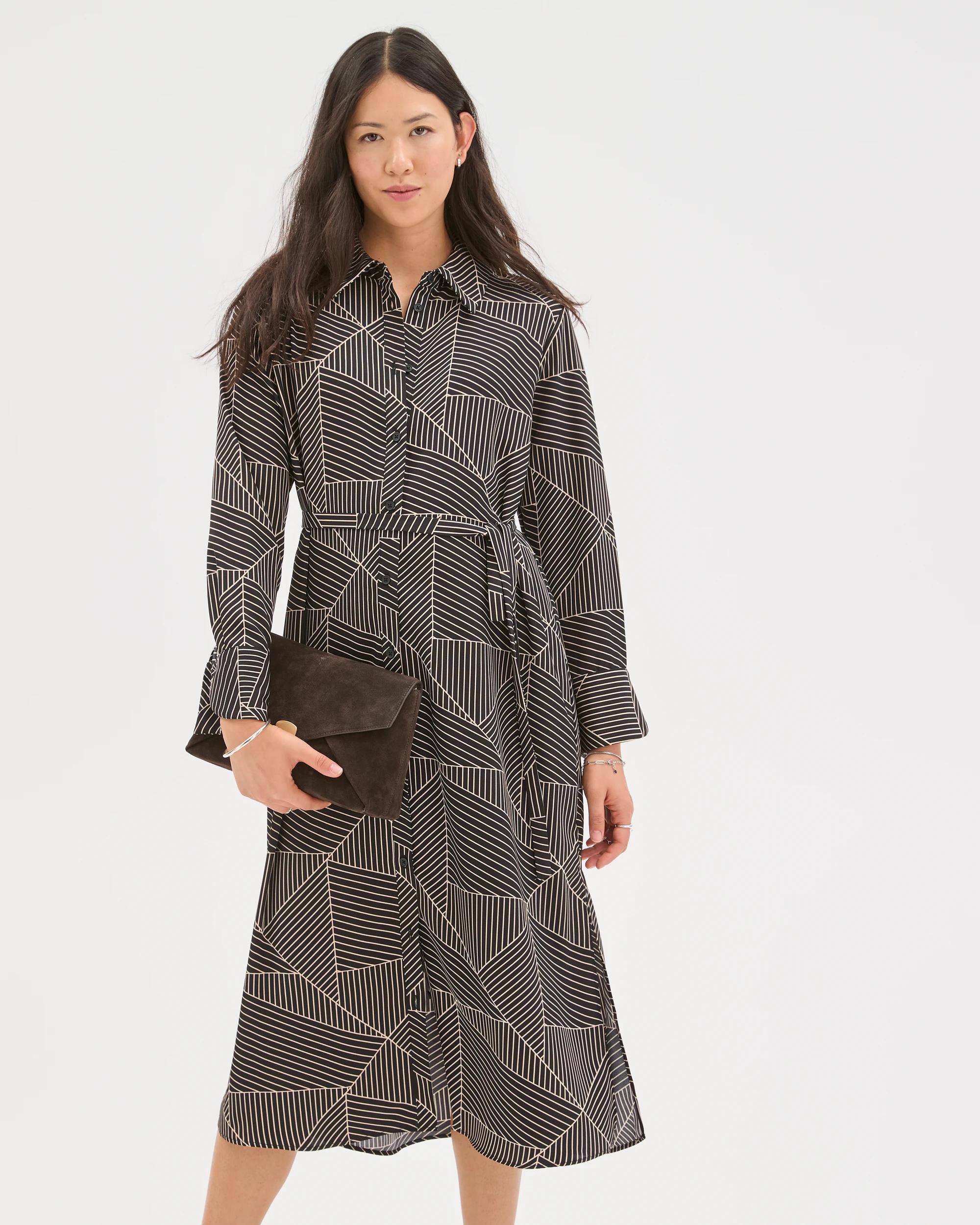 2 Preview Long Sleeve Crossover Midi Shirt Dress BLACK SPLICED GEO, 2 of 7