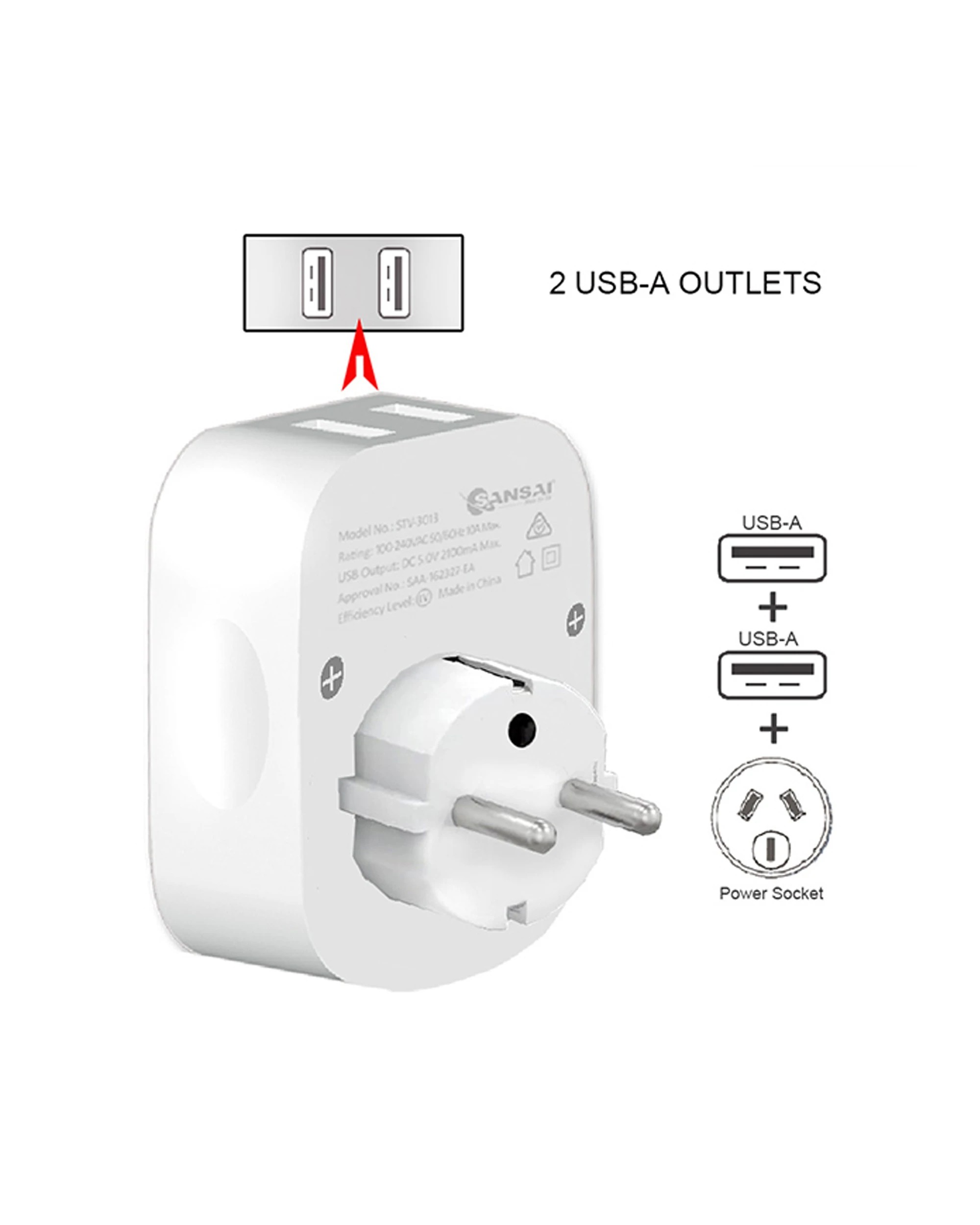 3 Sansai Surge Protected Travel Adapter with 2 USB Ports AU Europe Region - White, 3 of 3