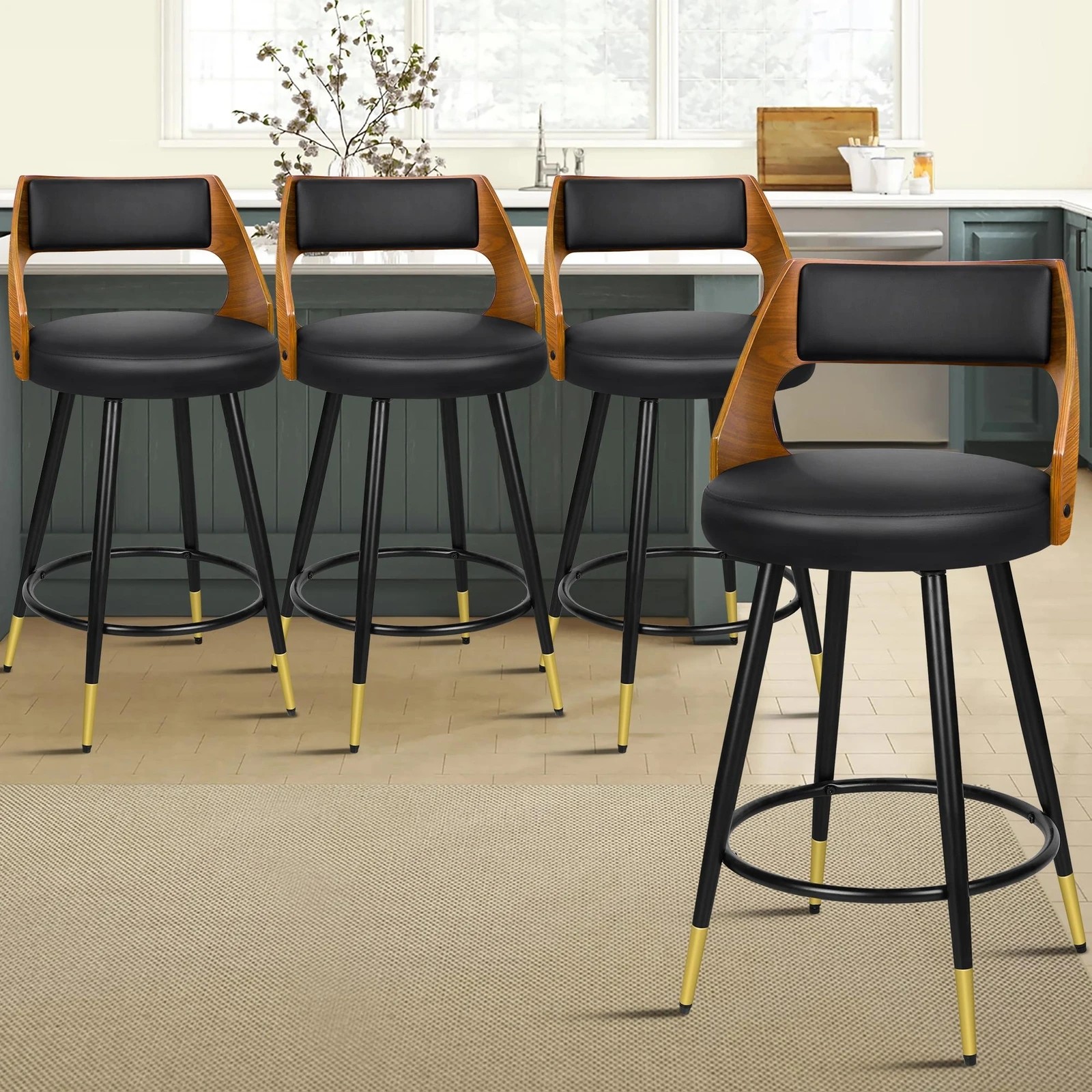 2 Alfordson 4x Swivel Bar Stools Morgan Kitchen Wooden Dining Chair - Black, 2 of 10