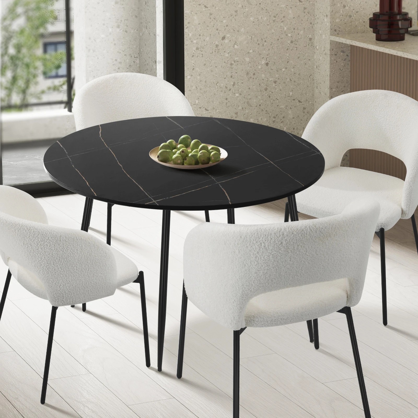 3 Oikiture 110cm Dining Table Round Wooden Table With Marble Effect Metal Legs
 - Black, 3 of 9