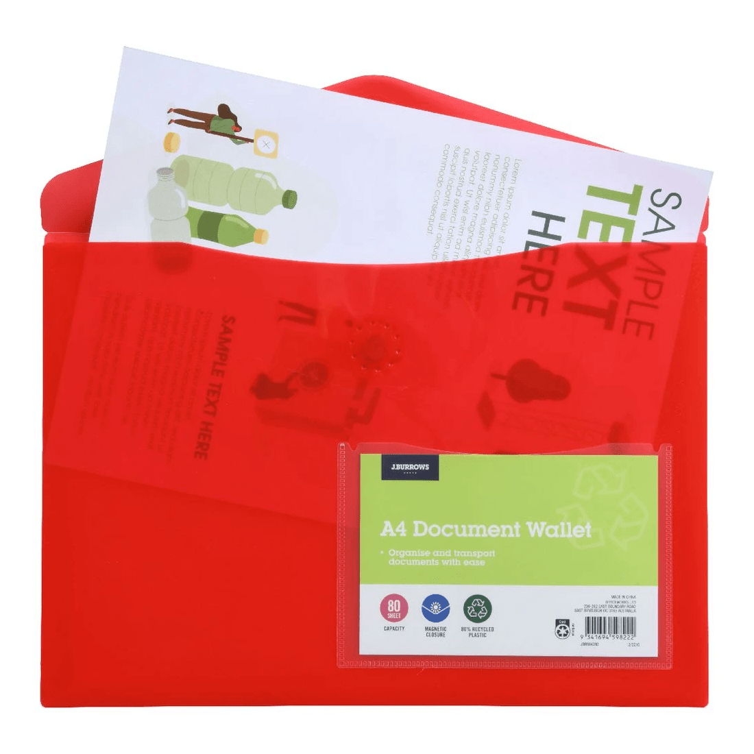 2 J.Burrows A4 Document Wallet Magnetic Closure Red, 2 of 3