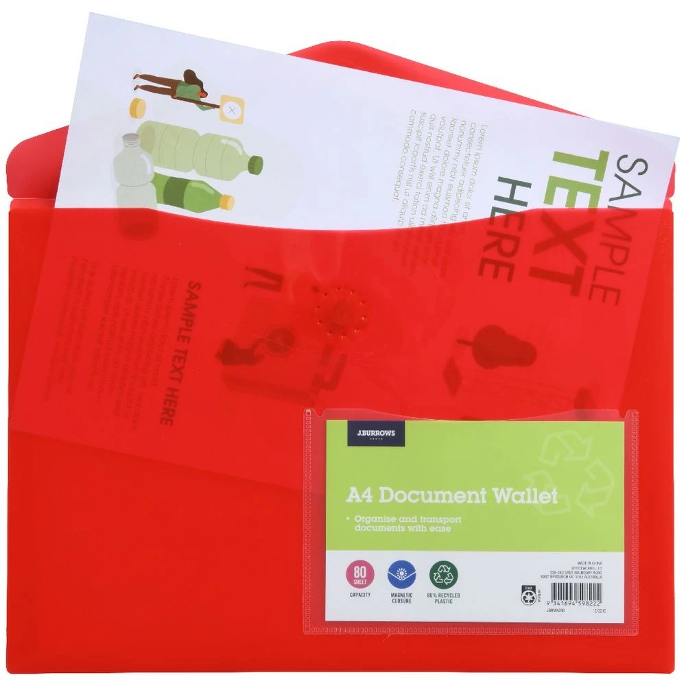 2 J.Burrows A4 Document Wallet Magnetic Closure Red, 2 of 4