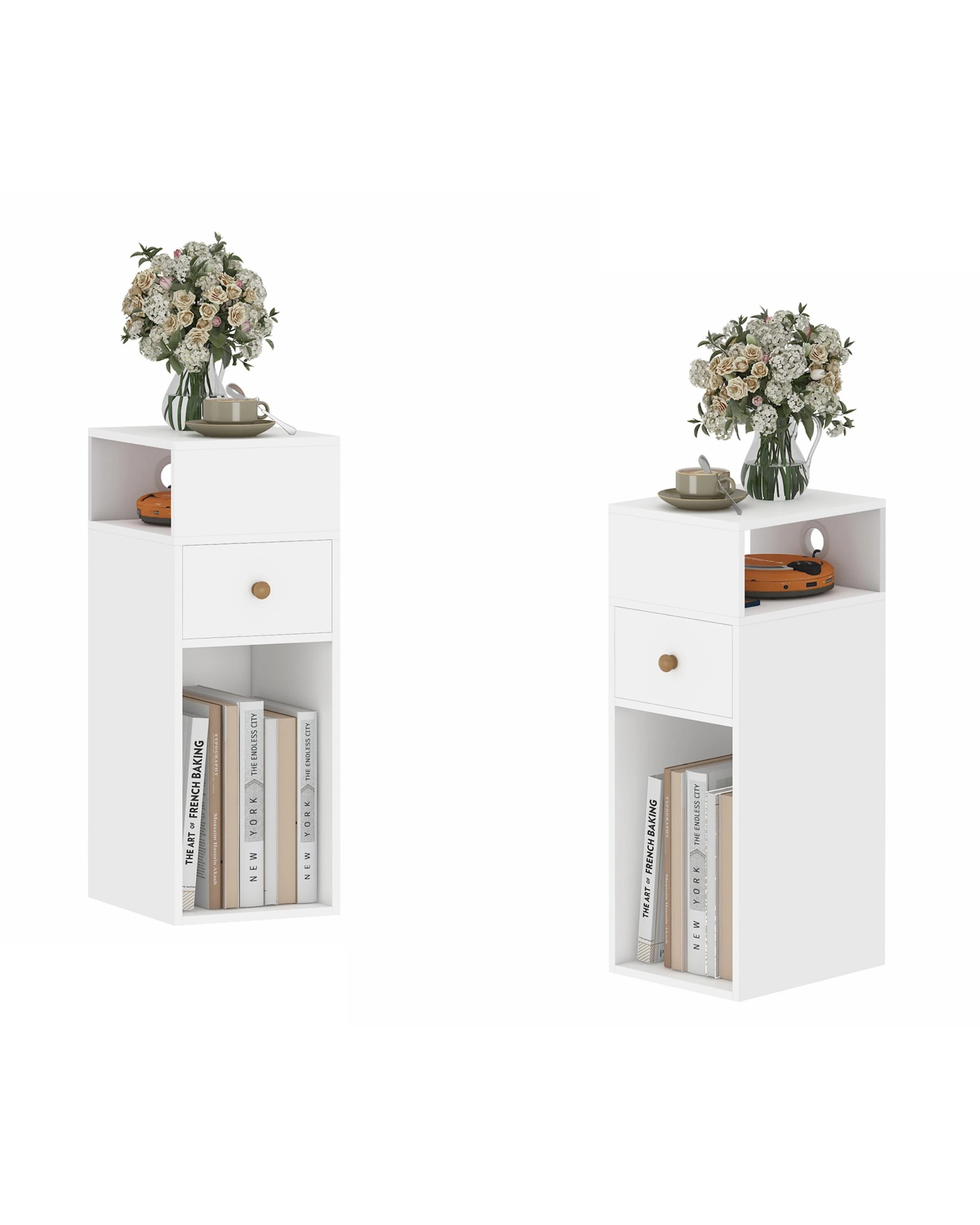 3 Ufurniture 2PCS Wooden Side Table w/ Cable Port Narrow End Table Drawer & Shelf - White, 3 of 7