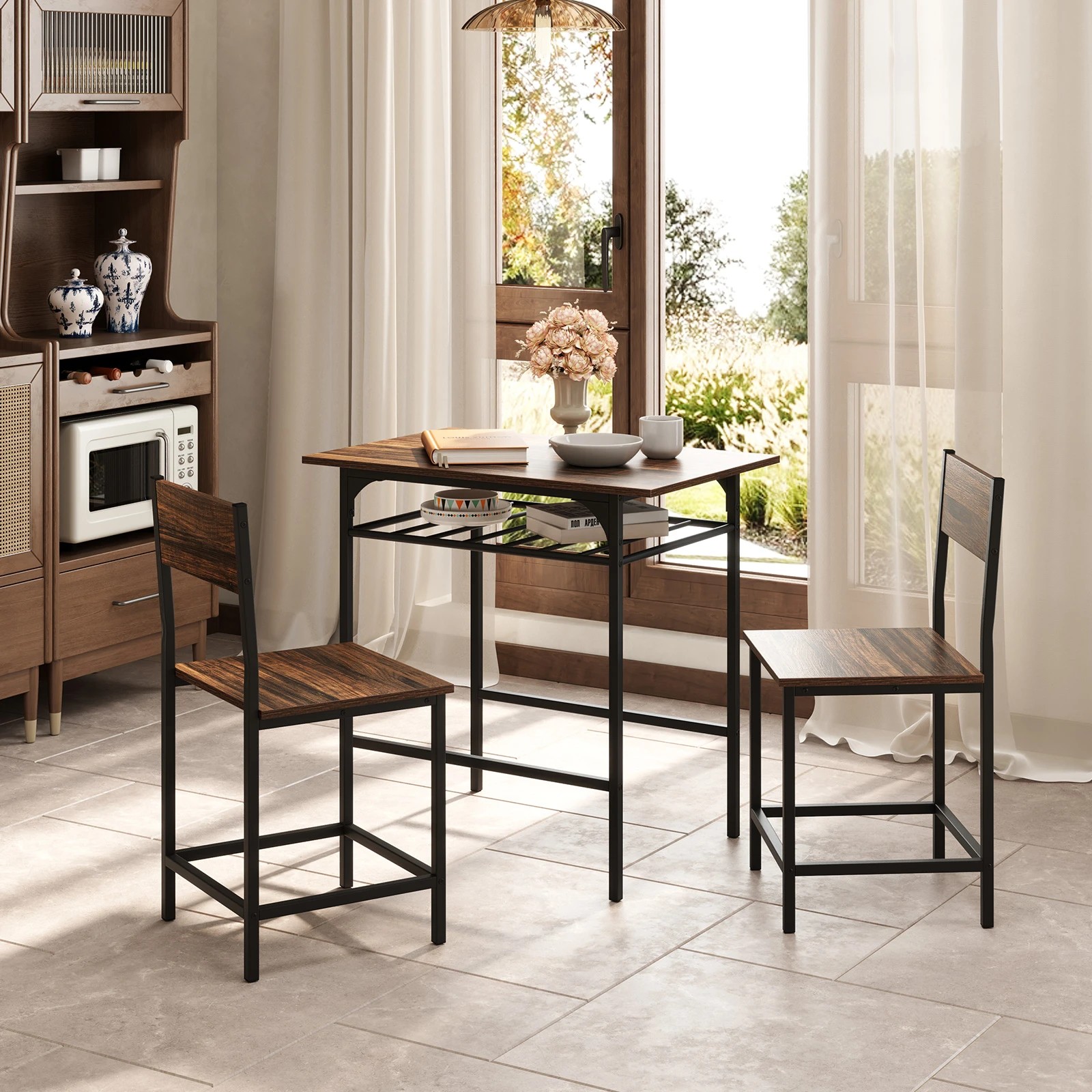 2 Costway 3PCS Kitchen Rectangular Dining Table Chair Set w/Metal Frame & Storage Rack - Brown, 2 of 4