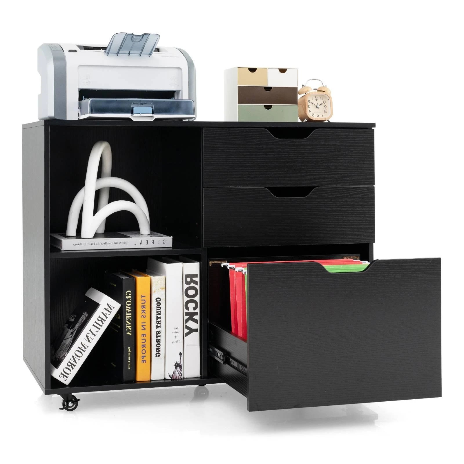 3 Costway 3 Drawer Mobile File Cabinet w/Open Storage Shelves Home Office Storage Organizer - Black, 3 of 4