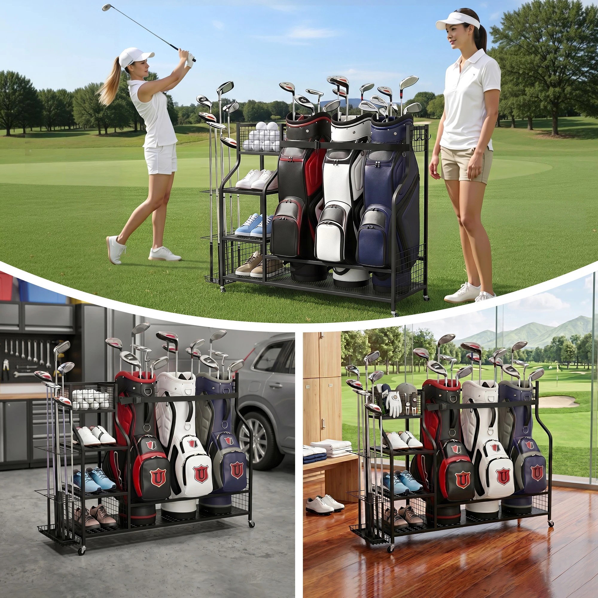 7 Everfit Golf 3 Bag Storage Golf Storage Garage Organizer with Wheels - Black, 7 of 7
