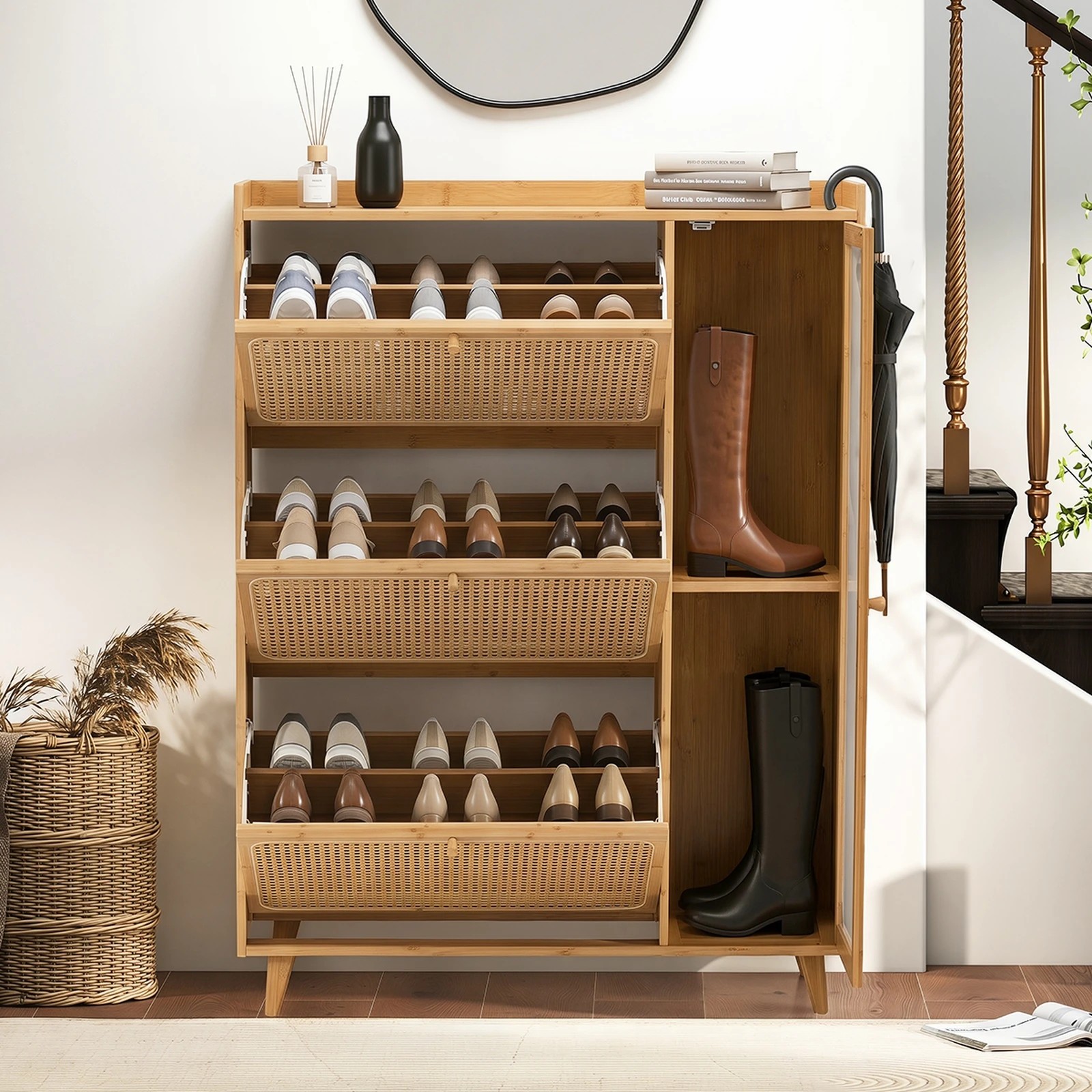 5 Oikiture Bamboo Shoe Storage Cabinet 3 Compartments Rack Single Door - Natural, 5 of 8