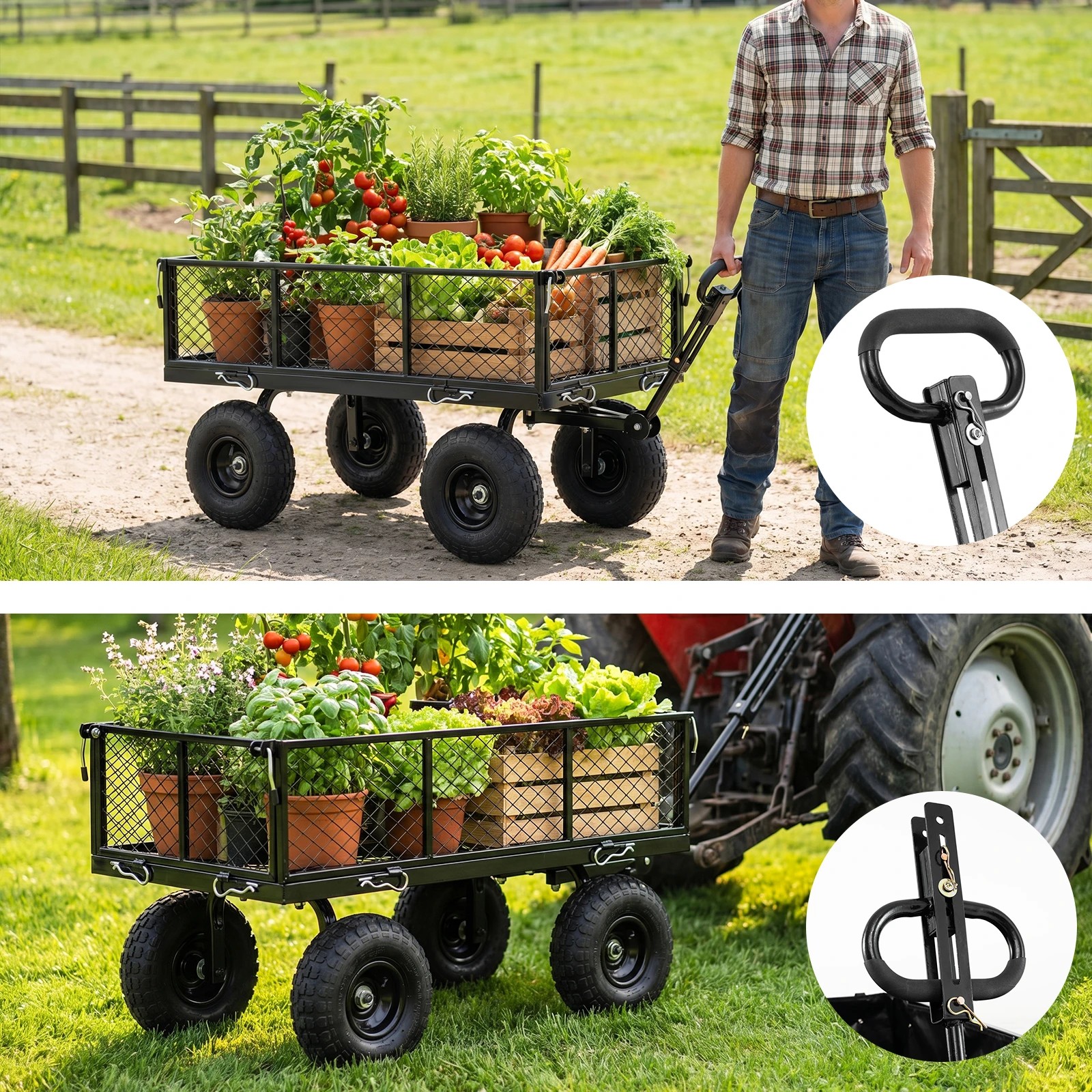 3 Costway Heavy Metal Garden Cart 400KG Utility Wagon w/Mesh Side & Rotating Handle - Black, 3 of 6