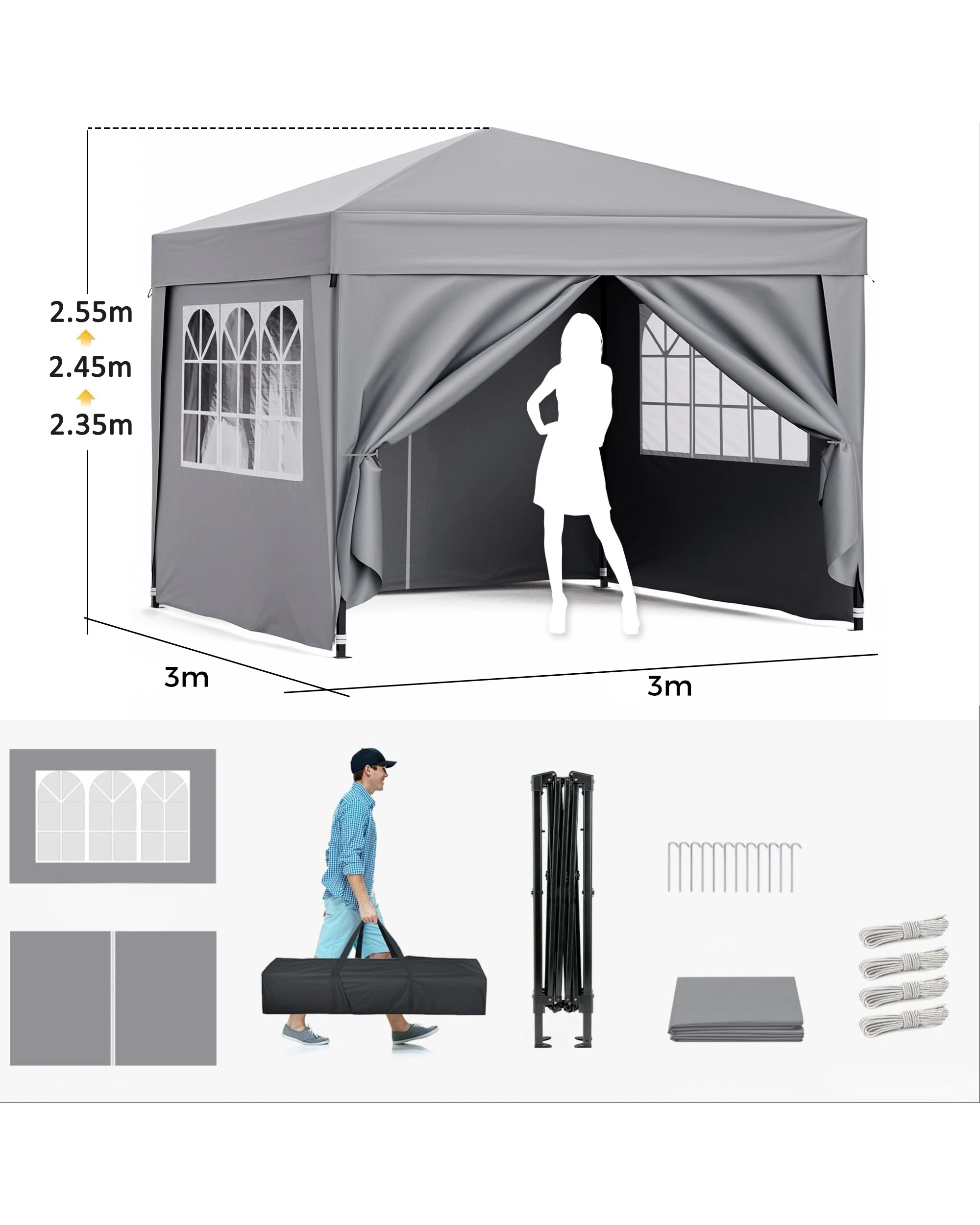2 Advwin Gazebo Marquee 3x3m Folding Pop-up Canopy with Sidewalls - Gray, 2 of 8