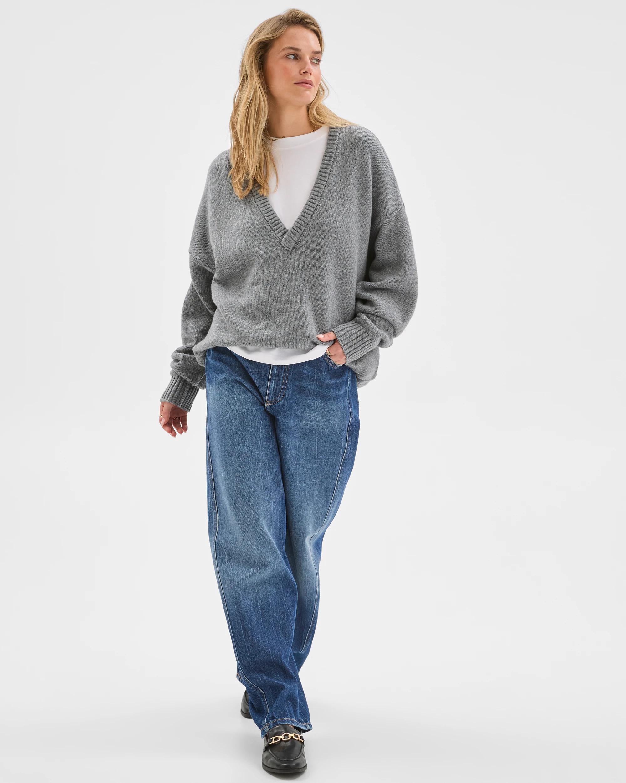 3 Lily Loves Australian Cotton Blend Deep V-Neck Jumper GREY MARLE, 3 of 7