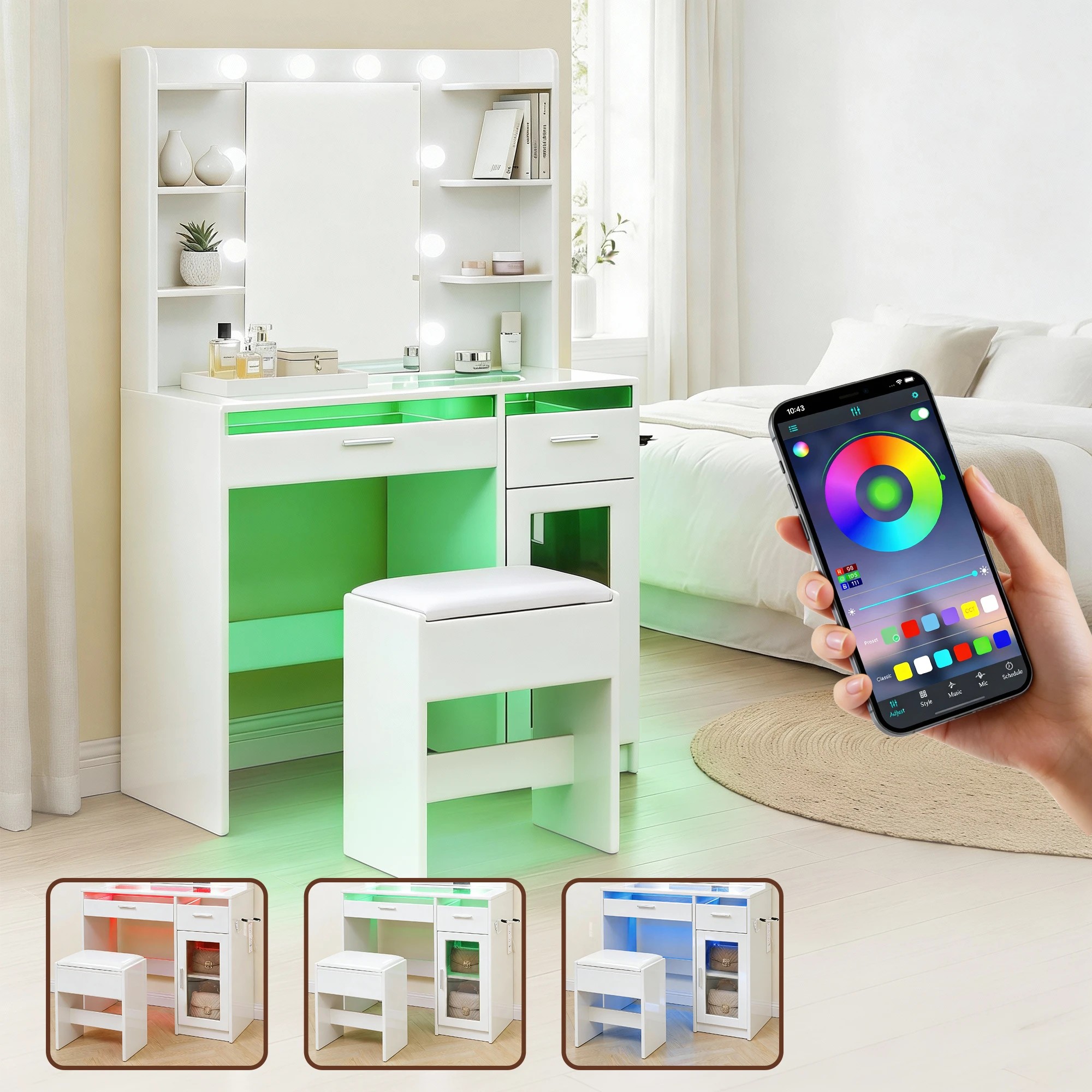 5 Artiss Dressing Table Vanity Desk Set 10 LED Bulbs RGB Light - White, 5 of 10