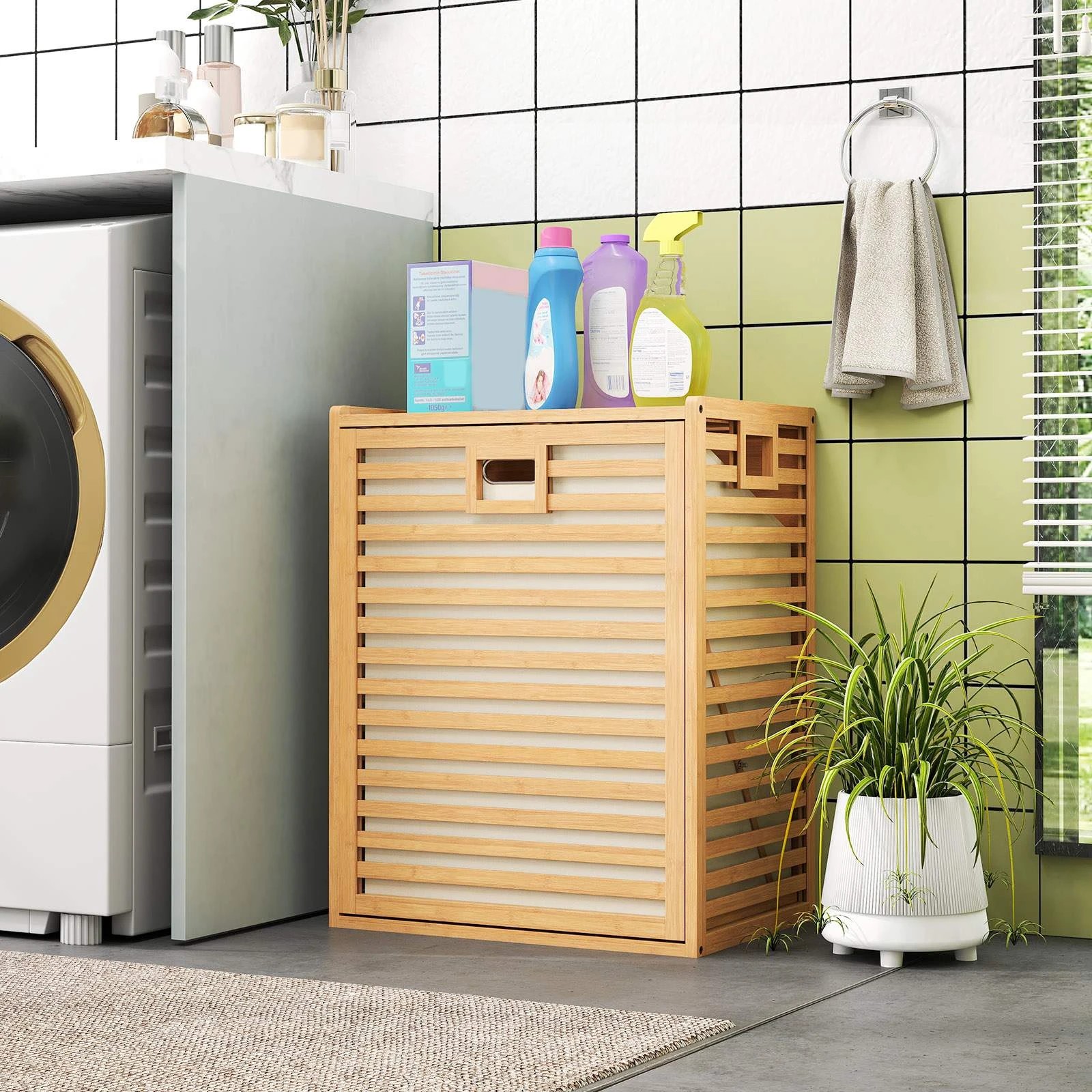 2 Costway 68L Bamboo Laundry Hamper w/Removable Bin Tilt-Out Design, 2 of 4