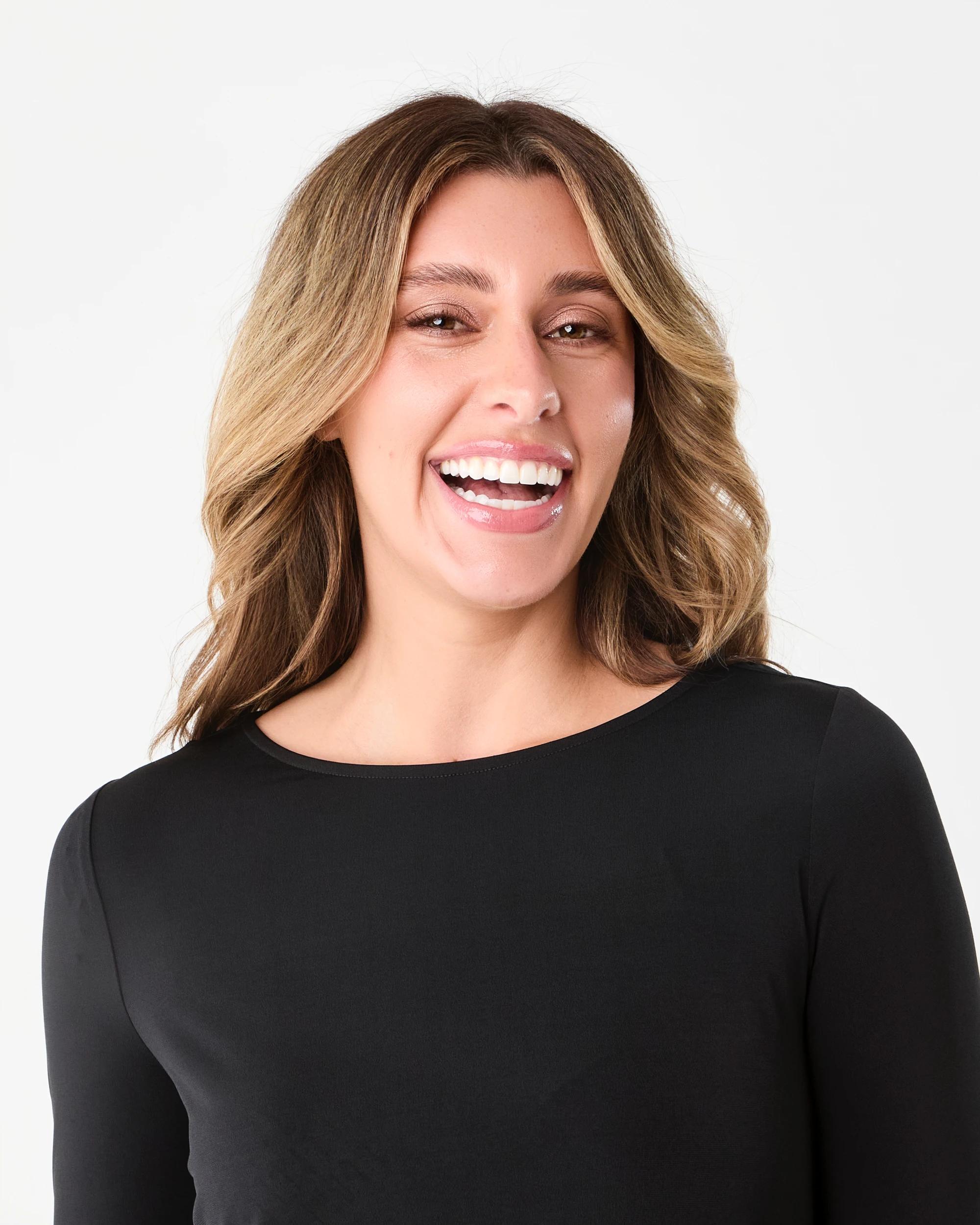 4 Long Sleeve Luxe Asymmetrical Hem Midi Dress Black, 4 of 7