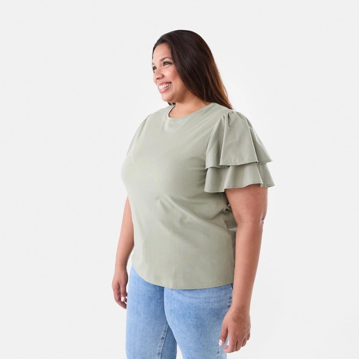 2 Curve Short Woven Sleeve Knit Top Soft Khaki, 2 of 6