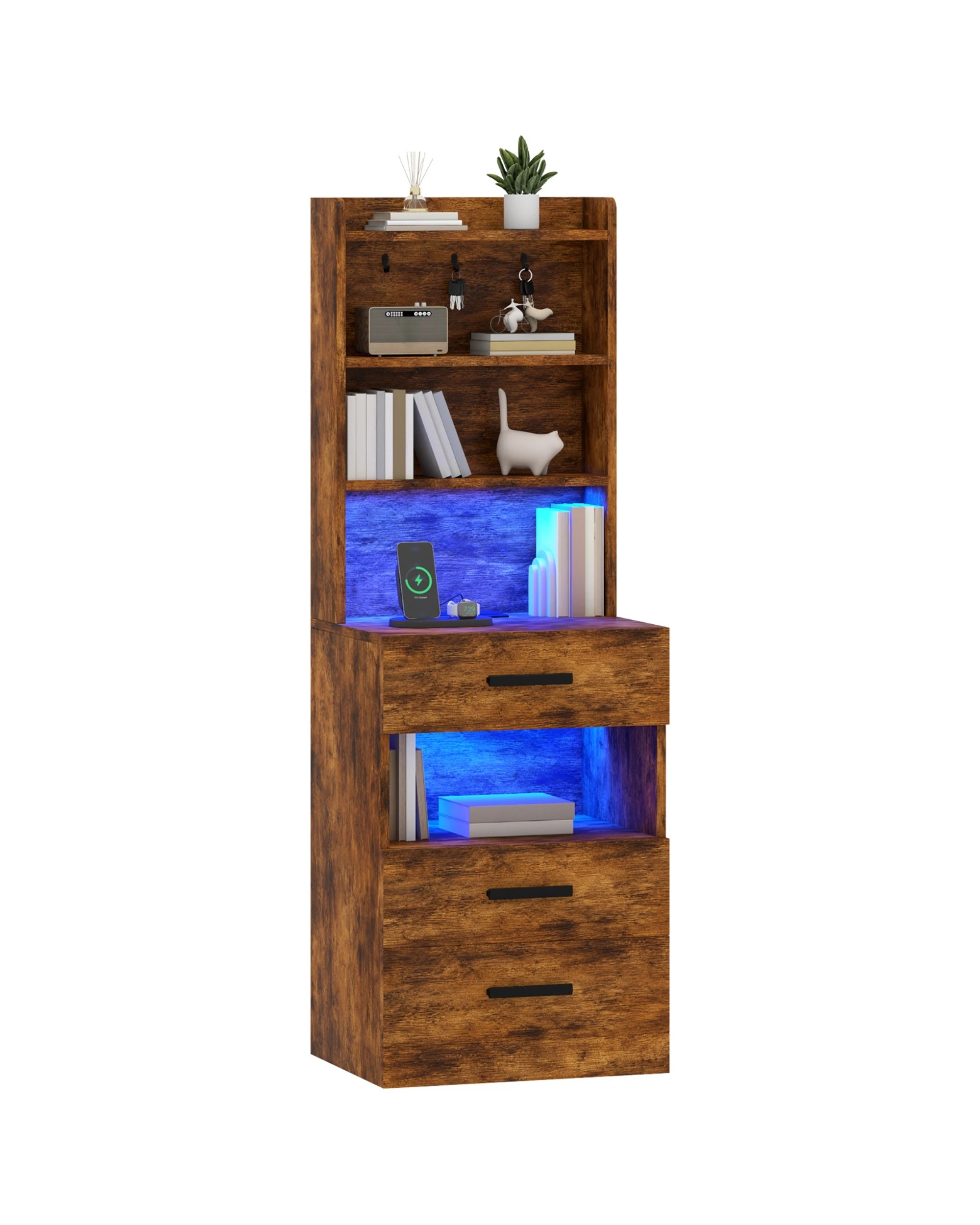 4 Ufurniture LED Tall Bedside Cabinet With Charging Station 3 Drawers and 3 Shelves - Brown, 4 of 8