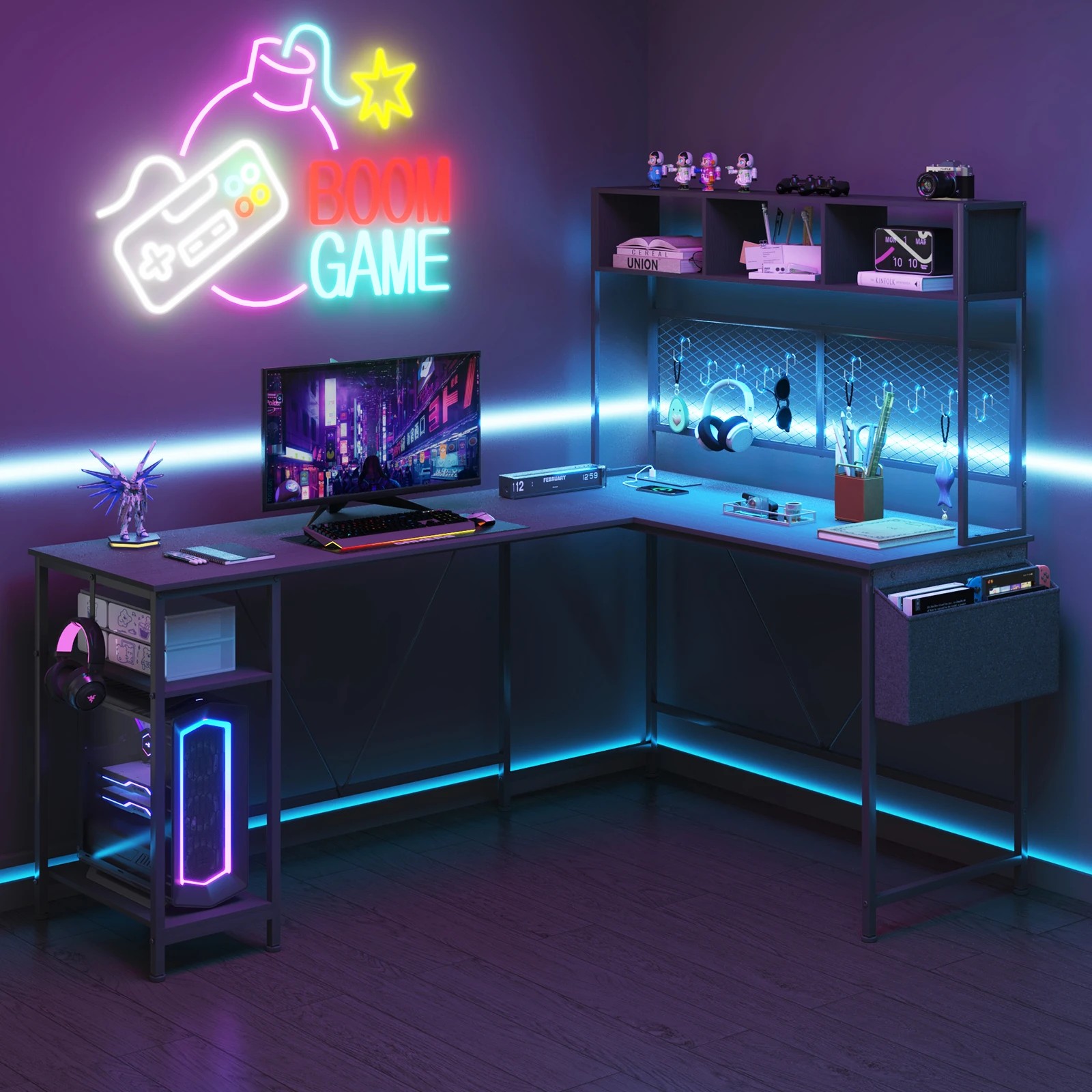 6 Advwin L Shaped Gaming Desk with LED Lights & Power Outlets Reversible Computer Desk with Storage Shelf - Black, 6 of 7
