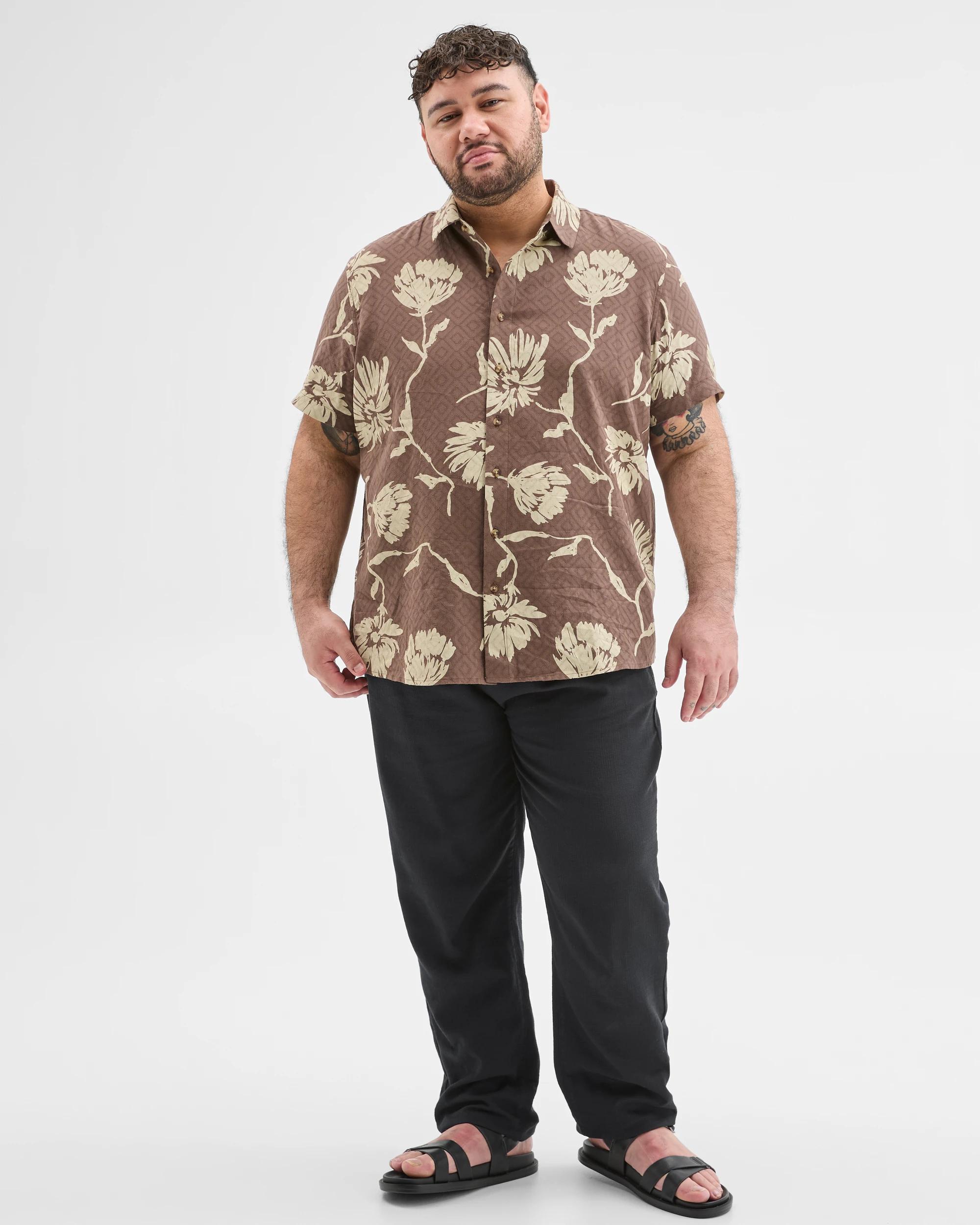 1 Target Man Plus Size Australian Cotton Floral Print Shirt BROWN, 1 of 7