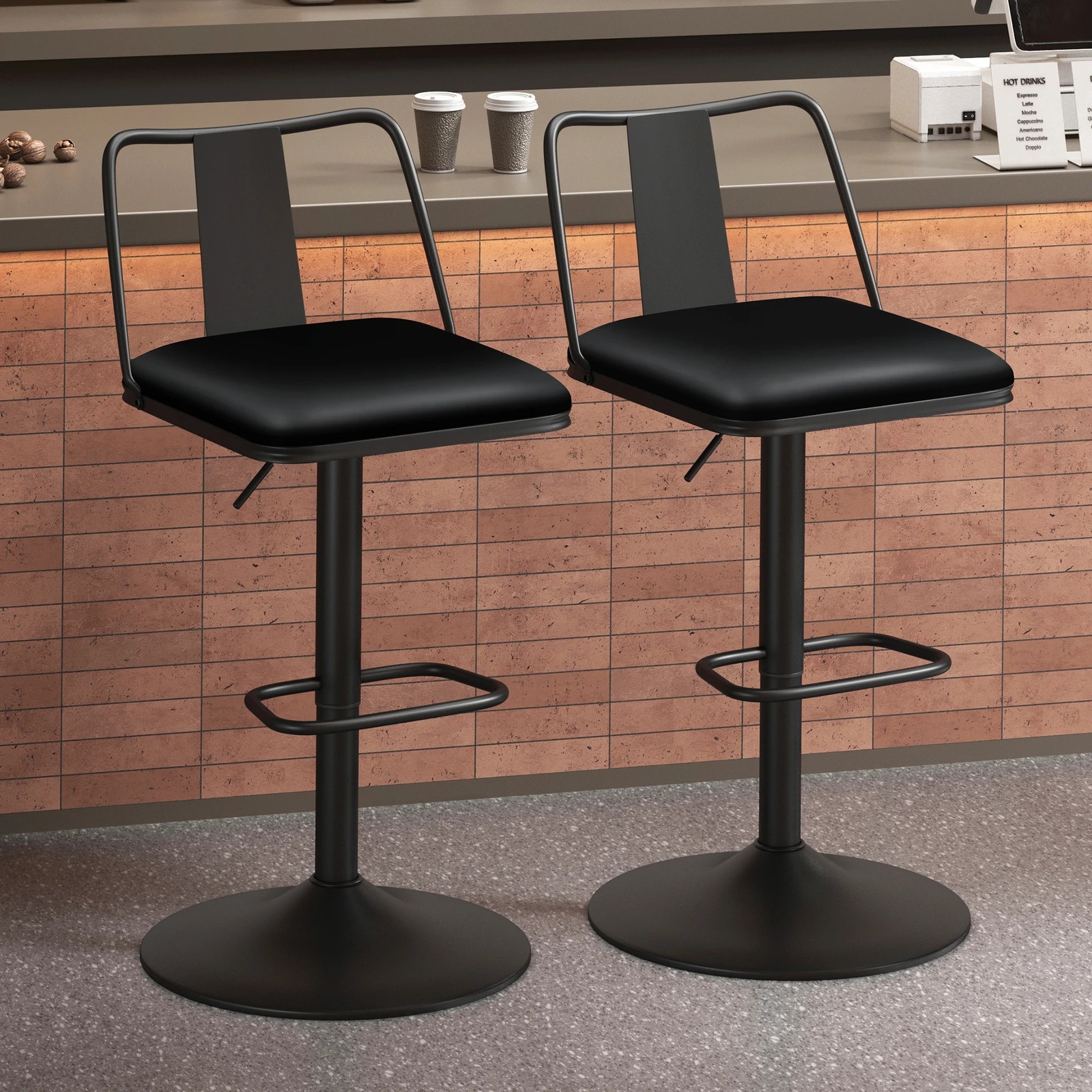 2 Alfordson 2x Bar Stools Gas Lift Leather Bar Chairs Kitchen Swivel Gloria - Black, 2 of 10