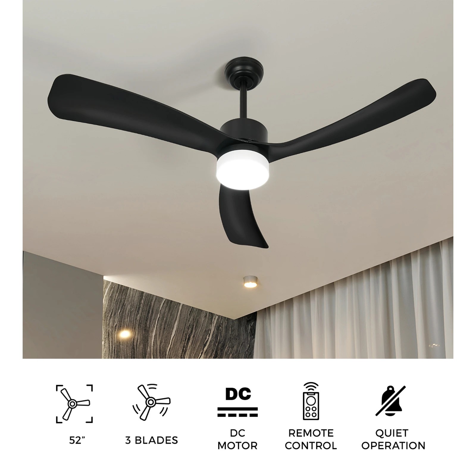 4 Vevare 52" Ceiling Fan With LED Light DC Motor 5 Speed Fans Remote Control - Black, 4 of 10