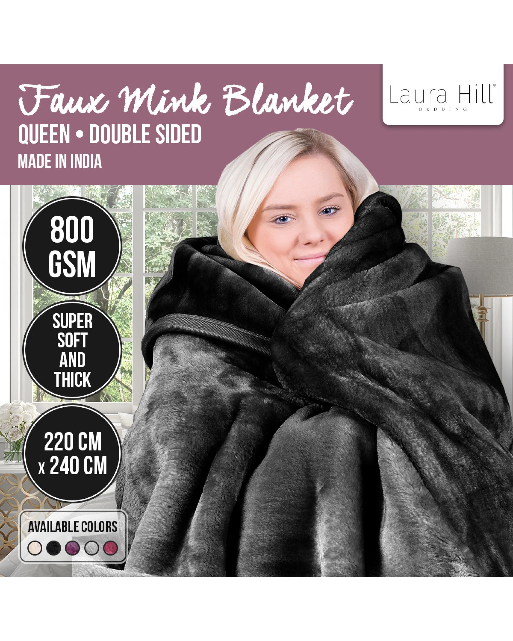 7 Laura Hill 800-gsm Mink Blanket Double-sided Soft Plush Bed Faux Throw Rug Black
 - Queen Bed, 7 of 9