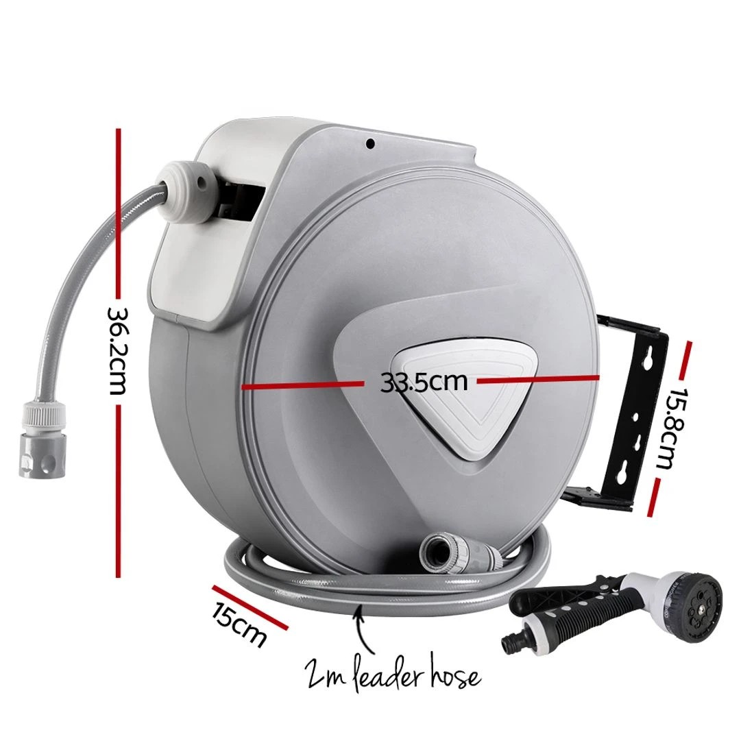 2 Green Fingers Water Hose Reel 20M Retractable Auto Rewind Spray Gun Garden - Grey, 2 of 5