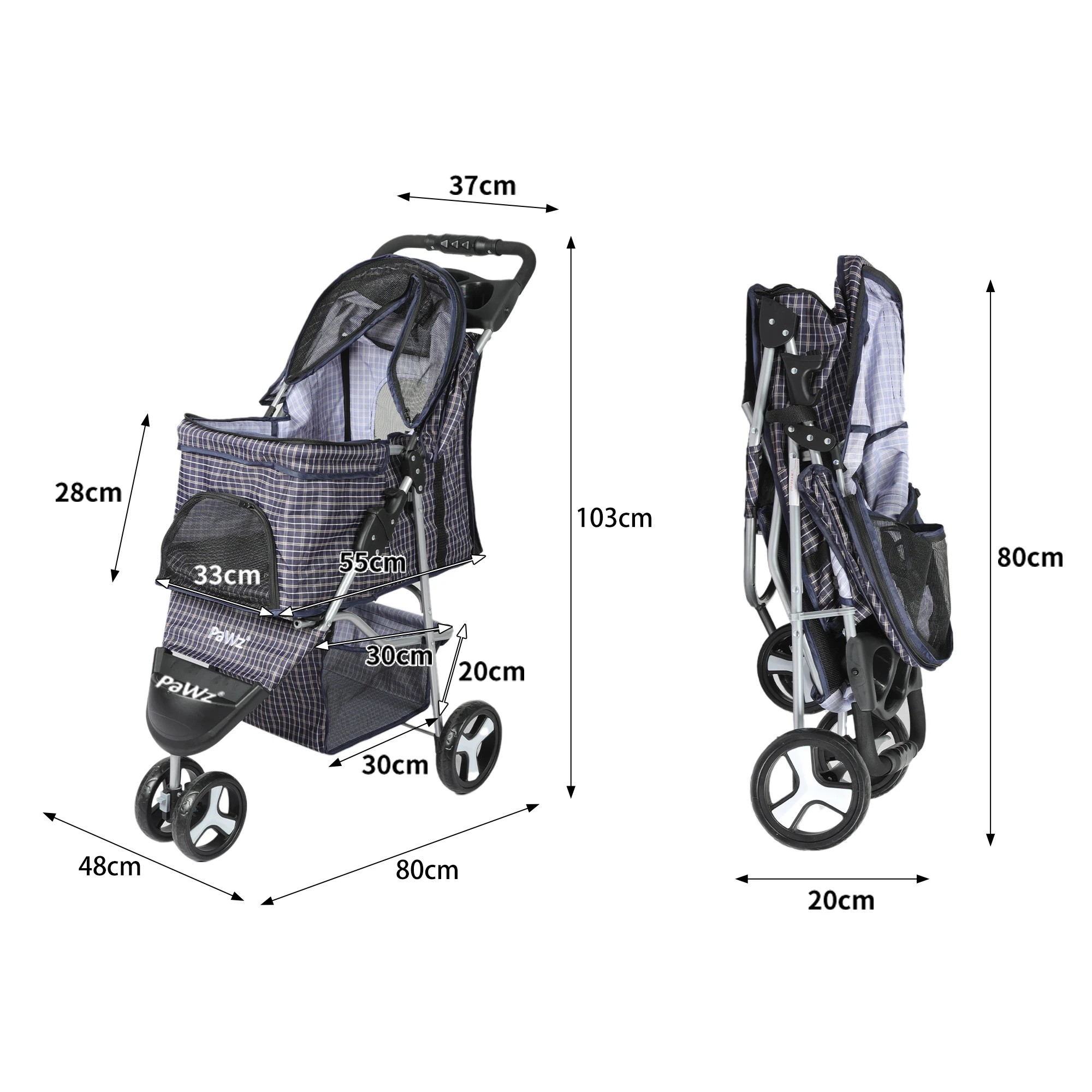 3 Pawz Compact Design Waterproof Pet Stroller With 3 Wheels And Drink Holder In Plaid Colour, 3 of 6