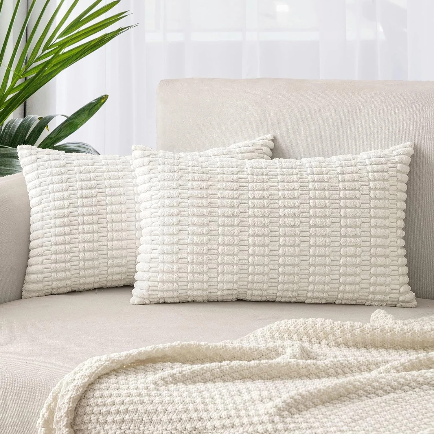 1 Gioia Casa 2-Pack Boho Striped Corduroy Cushion Covers 30x50cm - White, 1 of 3
