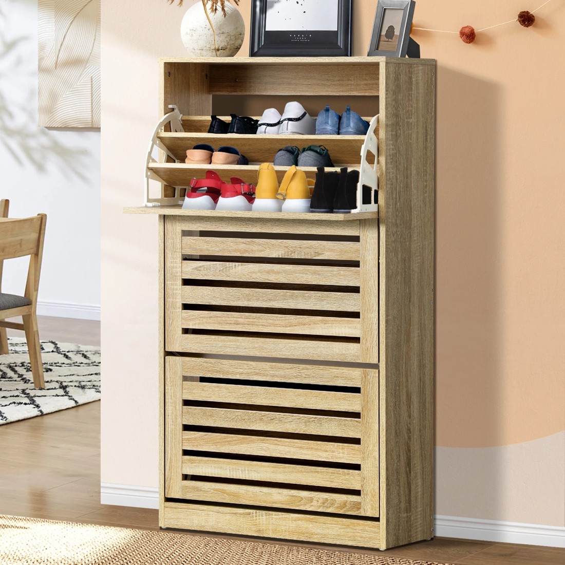 2 Oikiture Shoe Cabinet Storage 3 Doors Shoes Rack Organiser Wooden Shelf 45 Pairs
 - Natural, 2 of 6