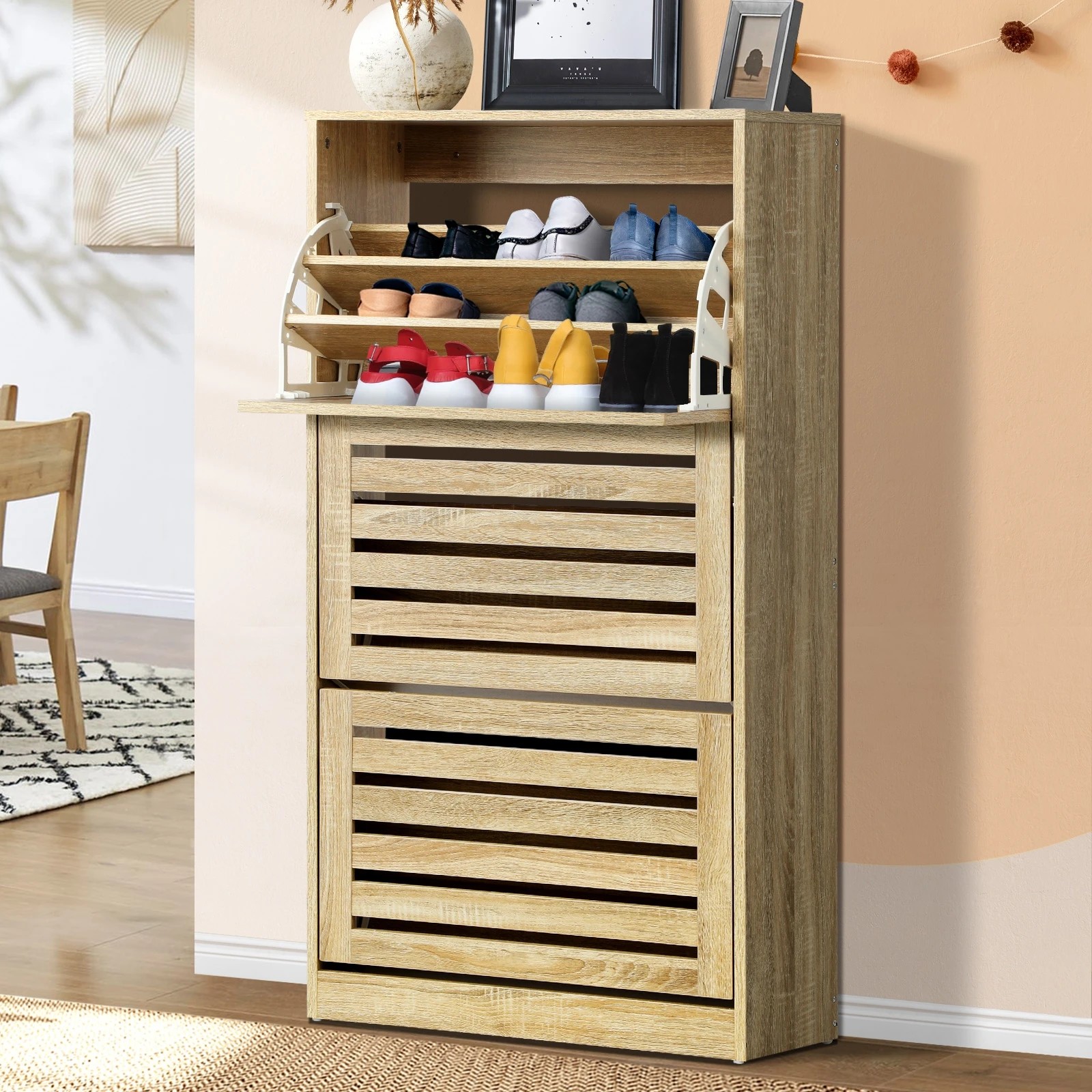 2 Oikiture Shoe Cabinet Storage 3 Doors Shoes Rack Organiser Wooden Shelf 45 Pairs
 - Natural, 2 of 5