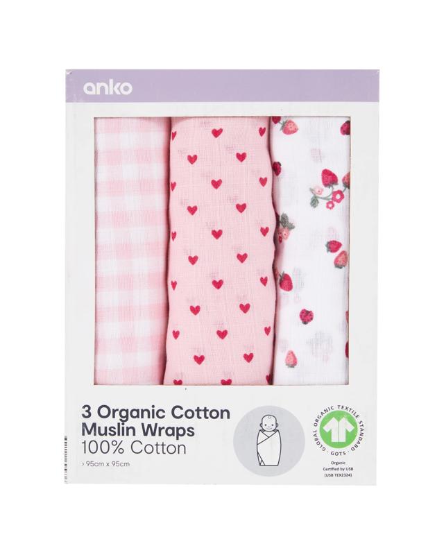 3 Pack Organic Cotton Muslin Wraps - B