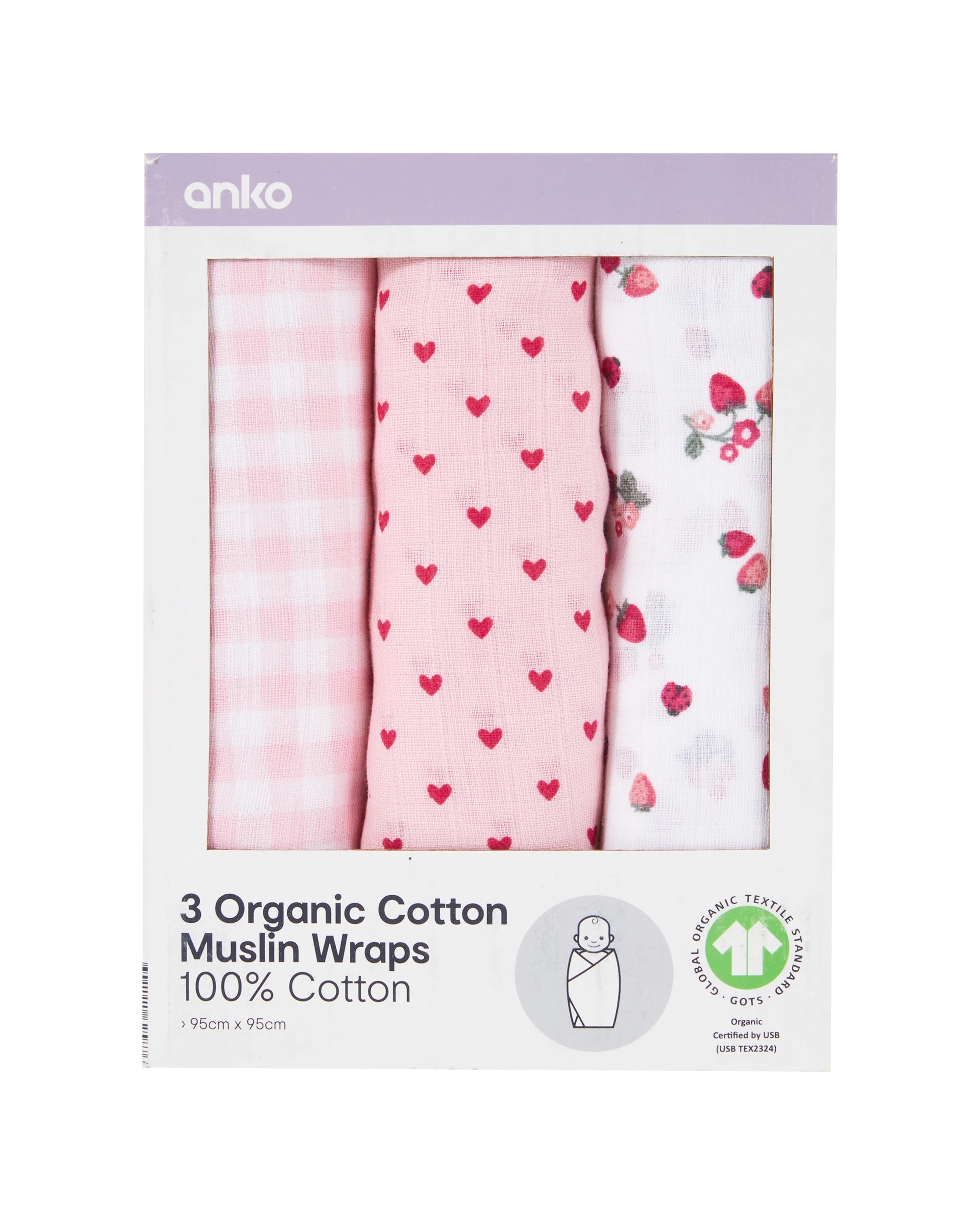 1 3 Pack Organic Cotton Muslin Wraps - Berry, 1 of 7