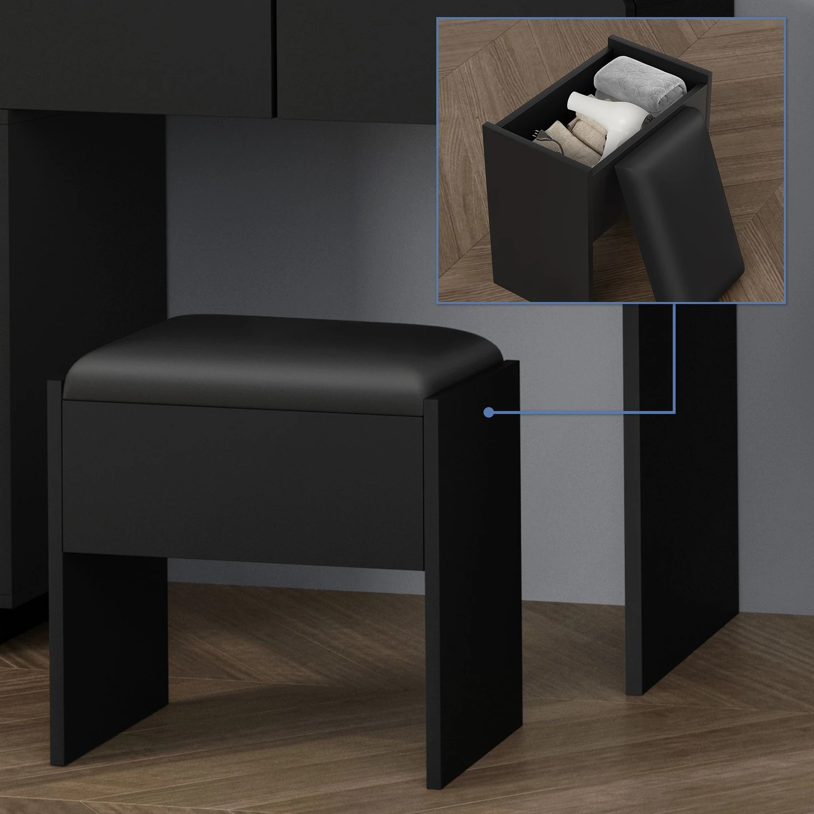 7 Alfordson Dressing Table Stool Set Makeup Mirror Desk LED 8 Drawers - Black, 7 of 10