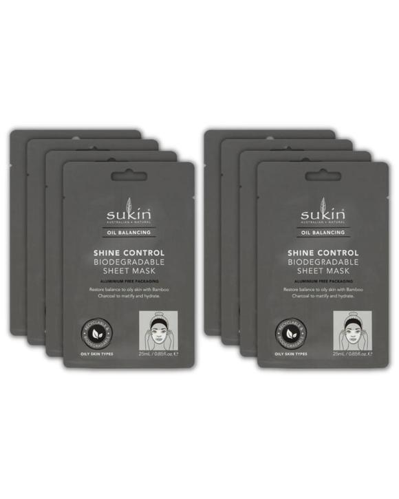 8 x Sukin Oil Balancing Shine Control Biodegradable Sheet Face Mask 25mL