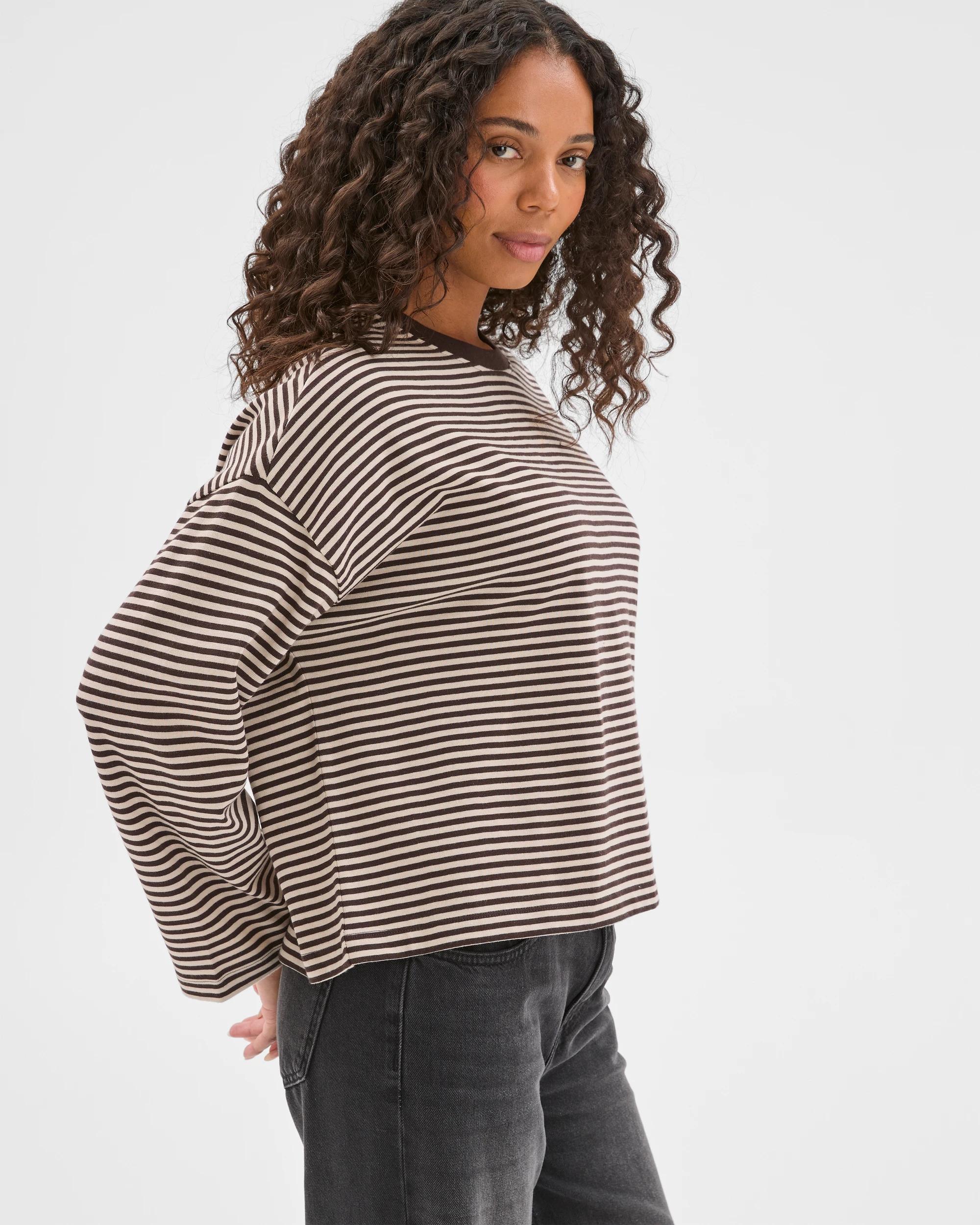 5 Target Woman Australian Cotton Long Sleeve Heavyweight Oversized T-Shirt BRUNETTE/BIRCH STRIPE, 5 of 7