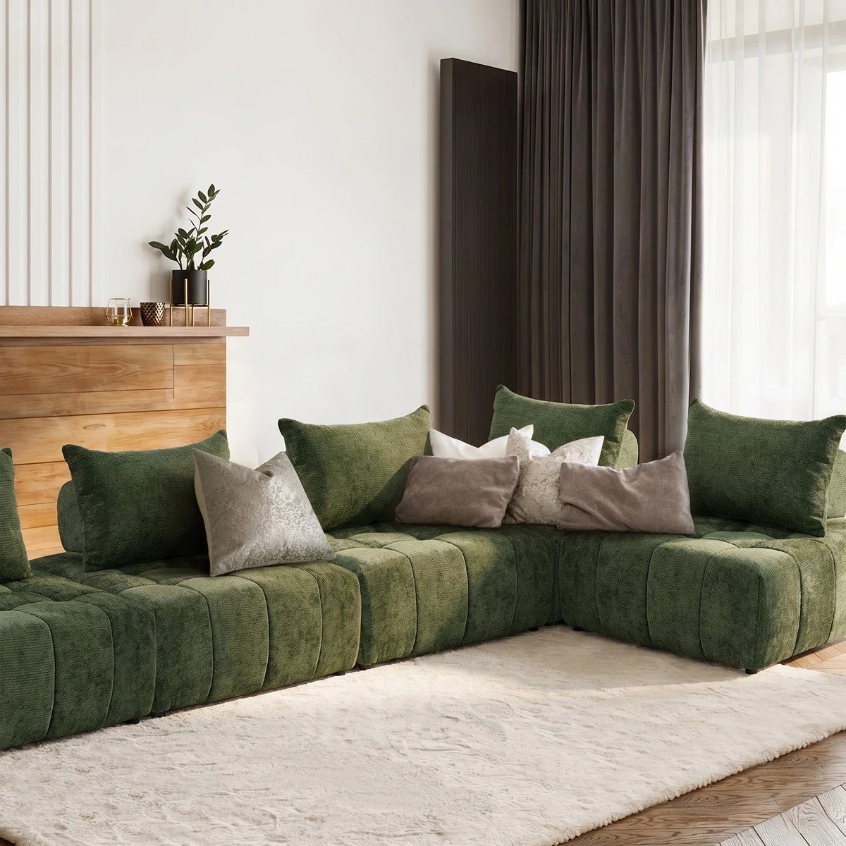 6 Oikiture 4x Chenille Modular Sofa Floor Lounge Chair w/Pillow TOFU Armless Chairs - Green, 6 of 9