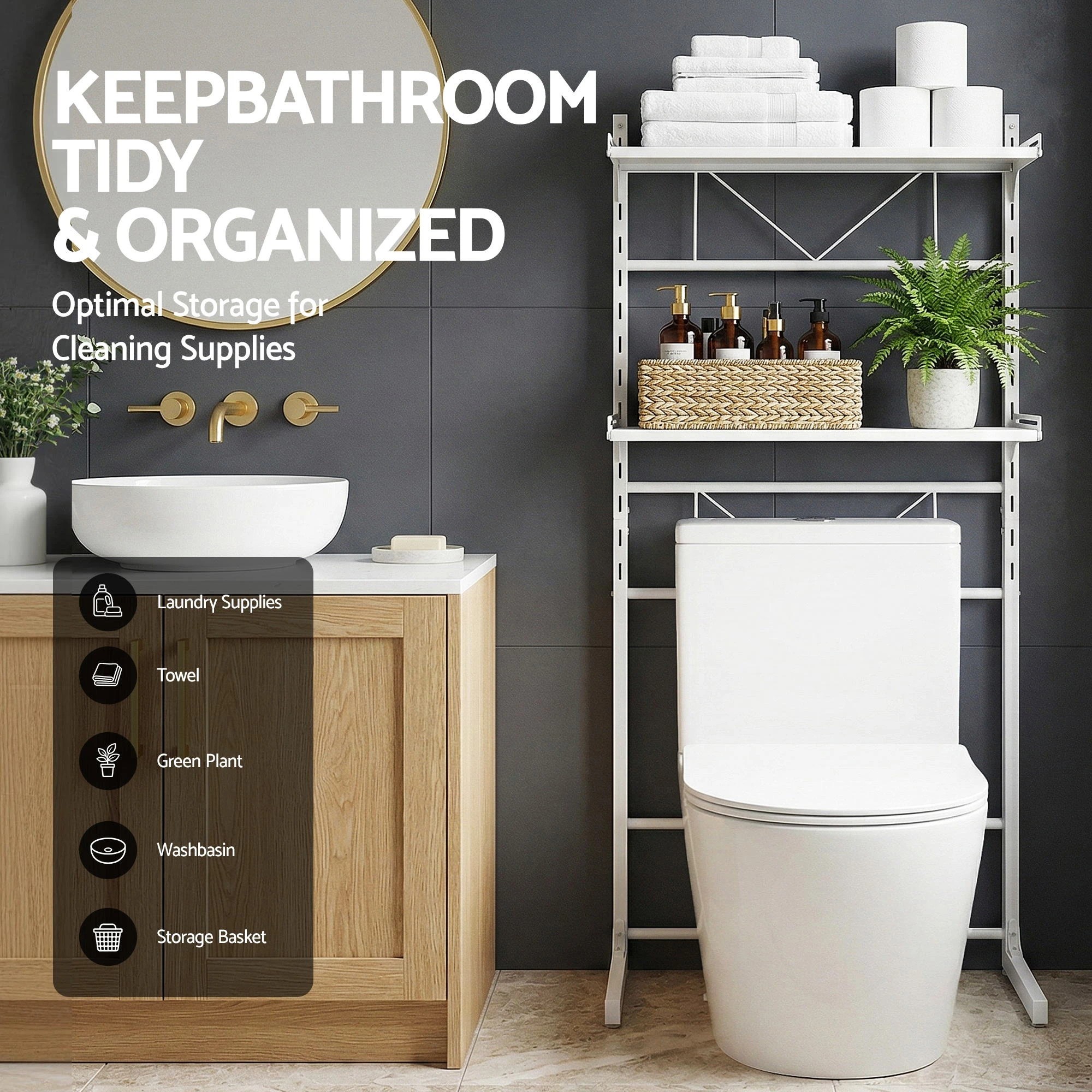 5 Artiss Over Toilet Bathroom Storage Shelf Rack Over Toilet 2 Tier - White, 5 of 8