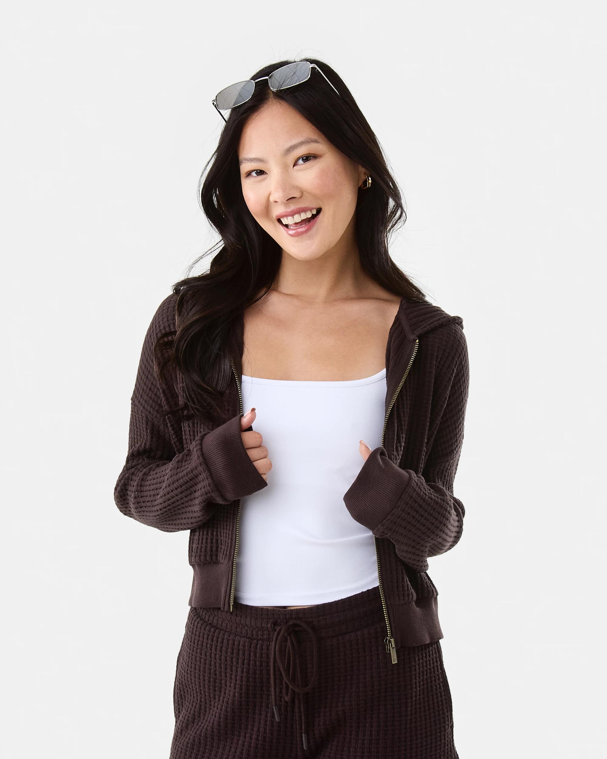 1 Waffle Zip Through Hoodie Choc Plum, 1 of 10