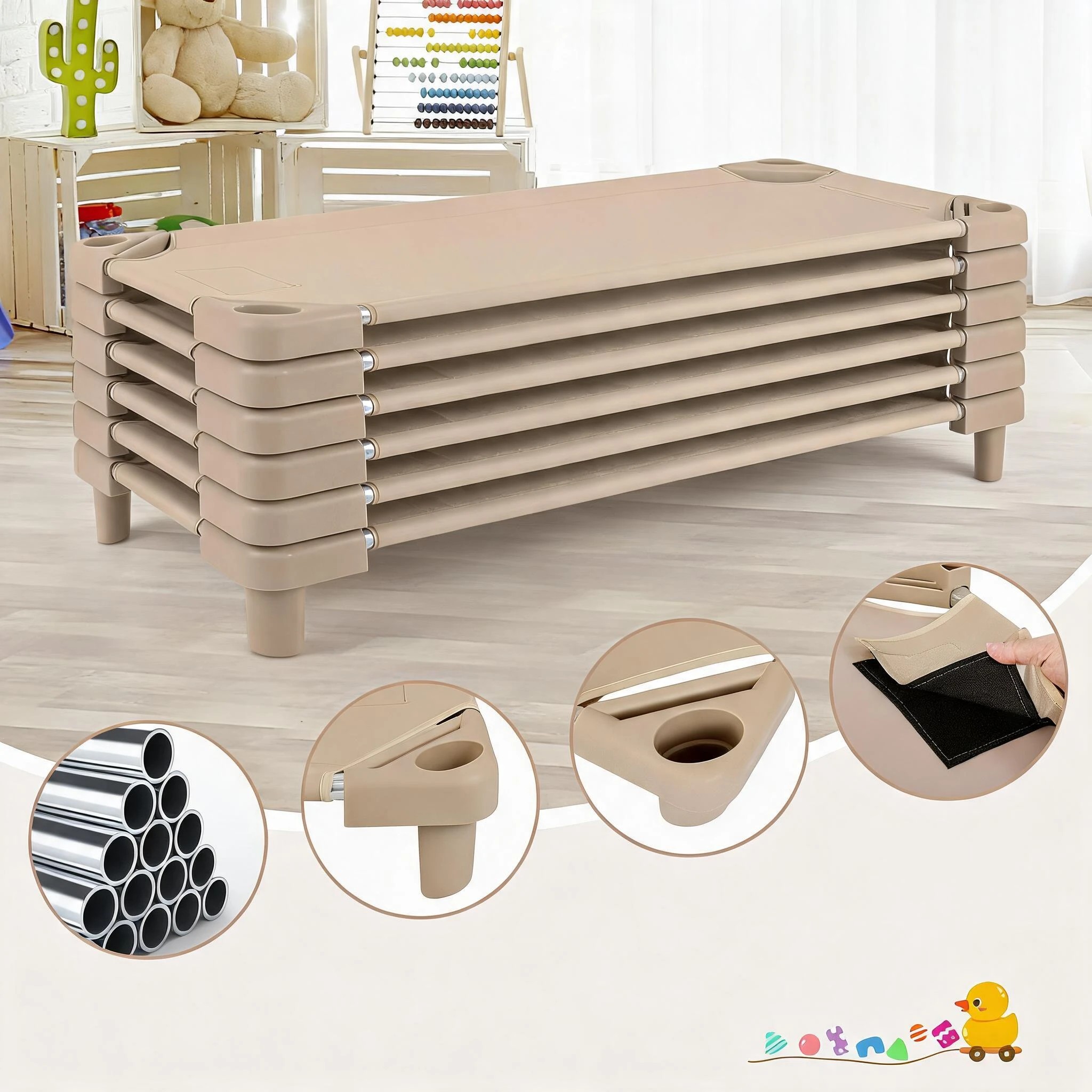 3 Costway 1.3m 6PCS Stackable Daycare Cot Space-saving Portable Sleeping Bed Mat - Brown, 3 of 7