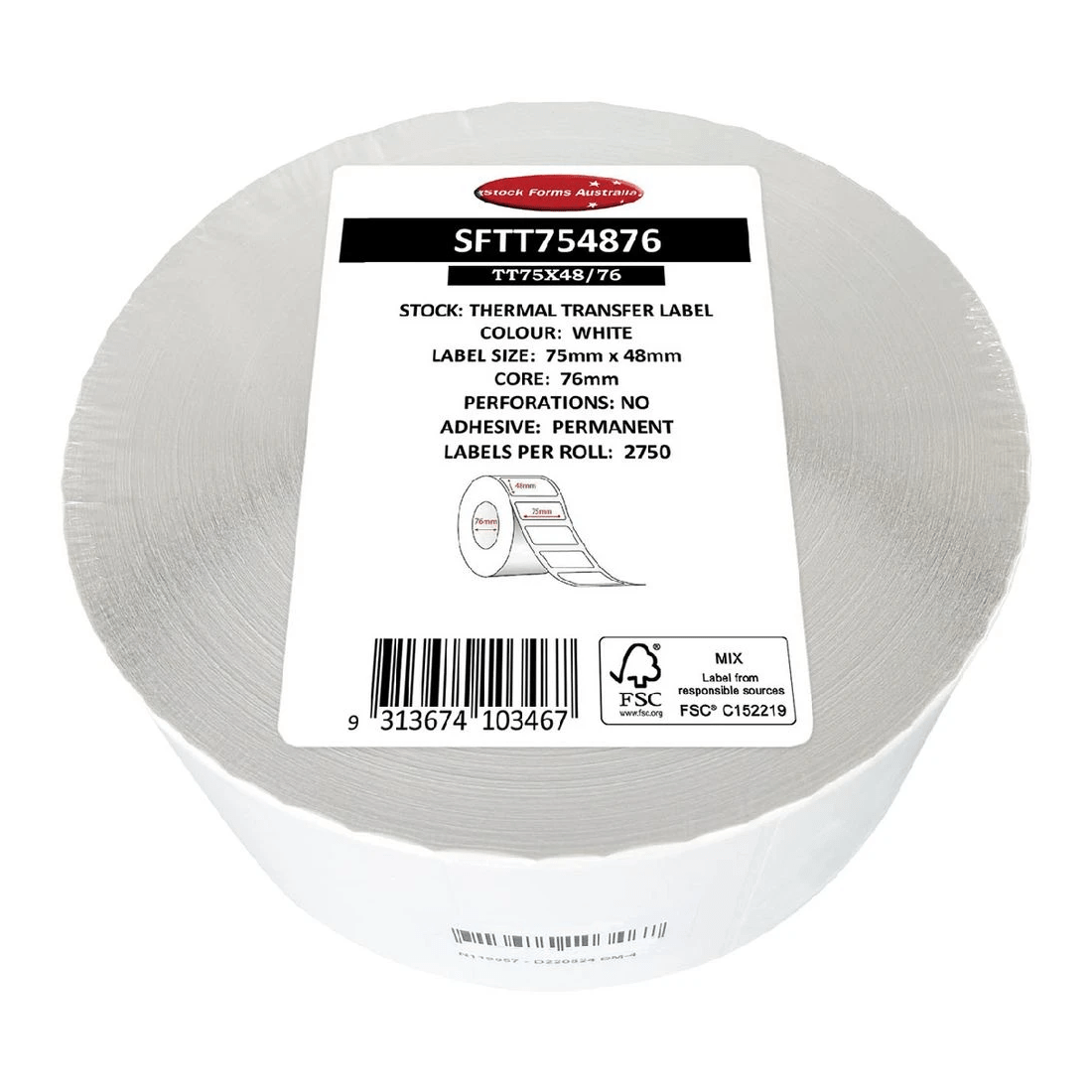 1 Stock Form Thermal Transfer Labels 75 x 48mm 2750 Pack White, 1 of 2