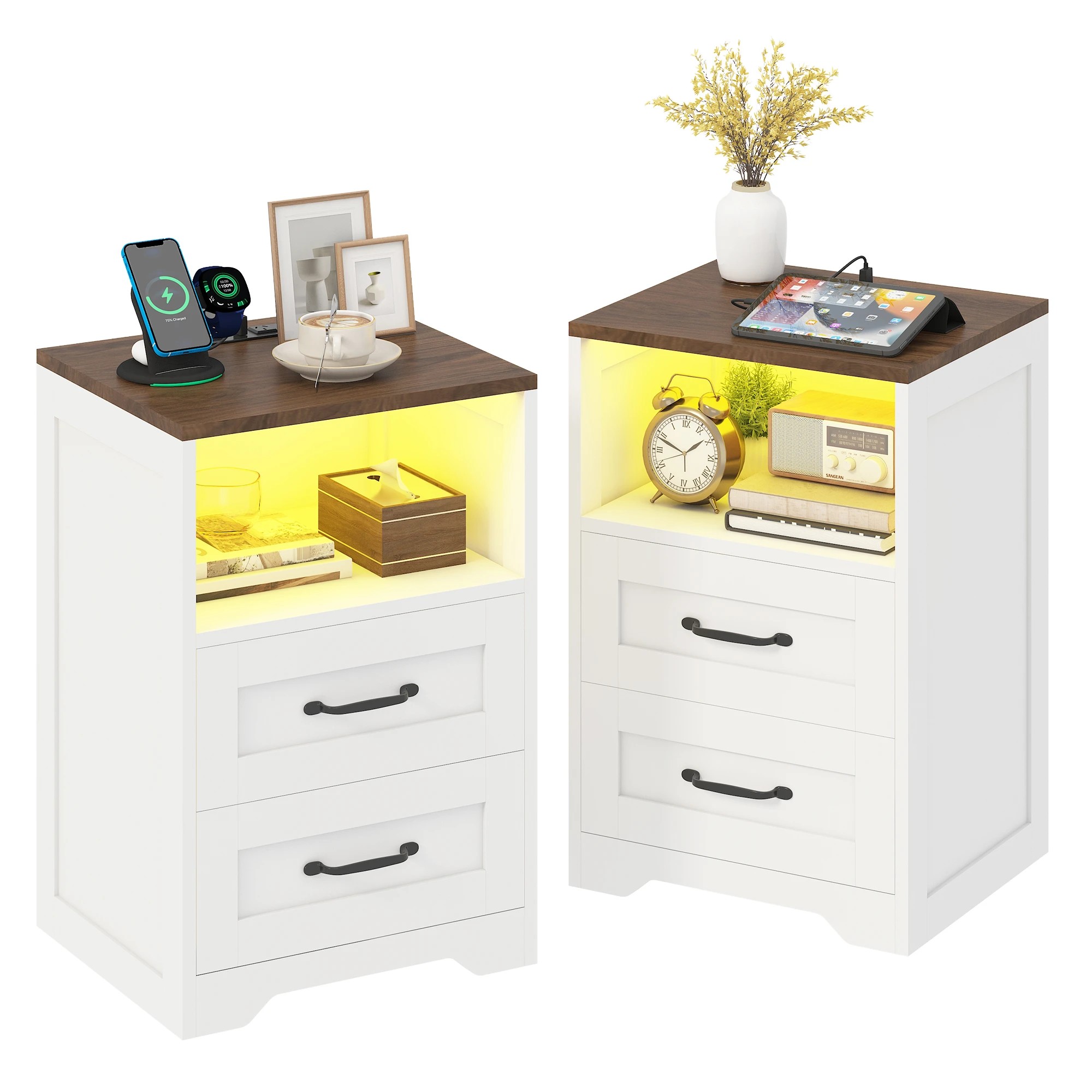 1 Advwin Set of 2 Farmhouse Bedside Table with 2 Drawers, Charging Station & LED Light - White, 1 of 8